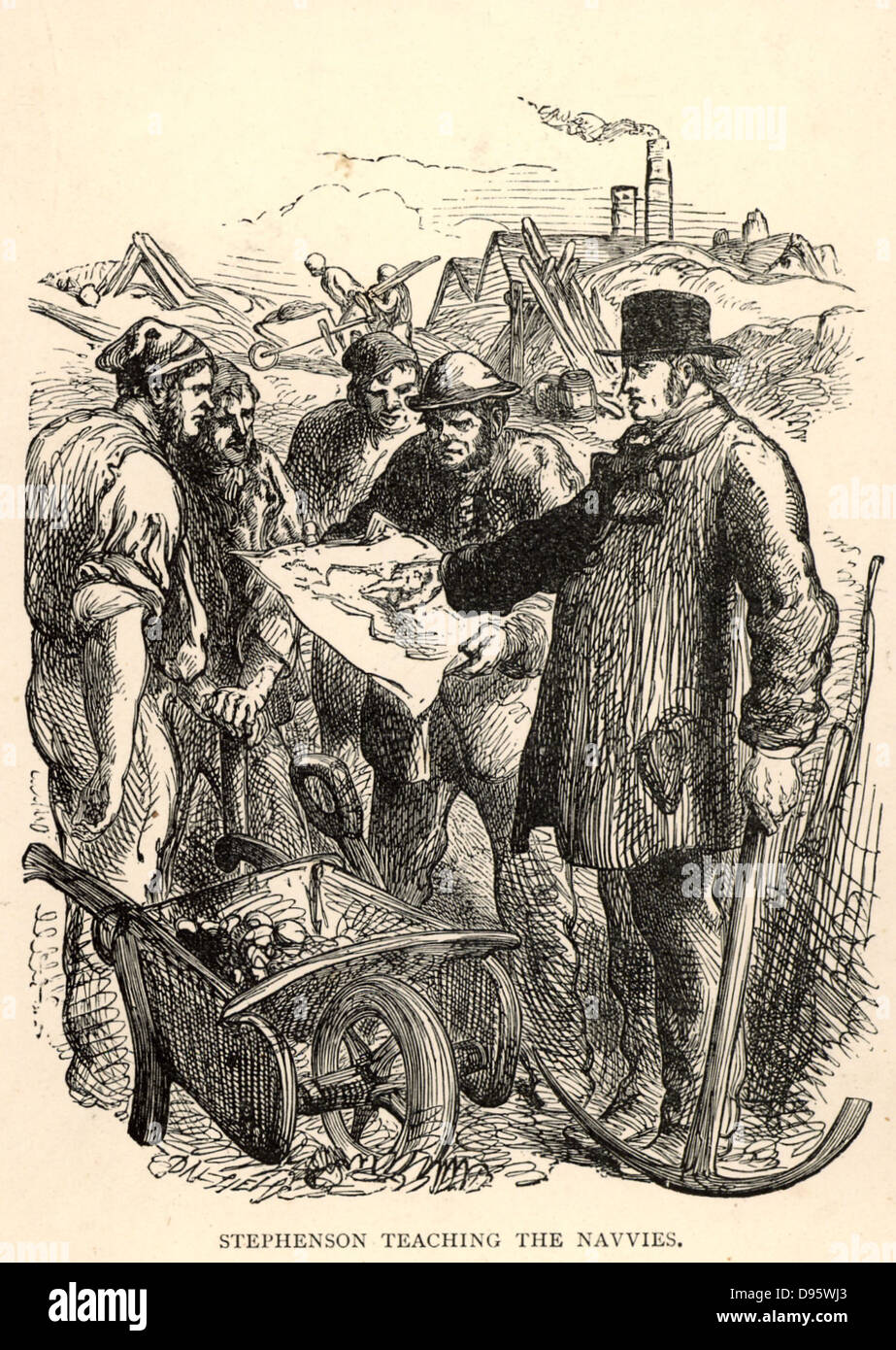 George Stephenson (1781-1848) English mechanical engineer and railway pioneer, born at Wylam, near Newcastle upon Tyne, Northumberland.  Stephenson instructing the navvies constructing the Liverpool and Manchester Railway, England, which was opened in September 1830. From 'The Triumphs of Steam' by Henry Frith (London, c1898).  Engraving. Stock Photo