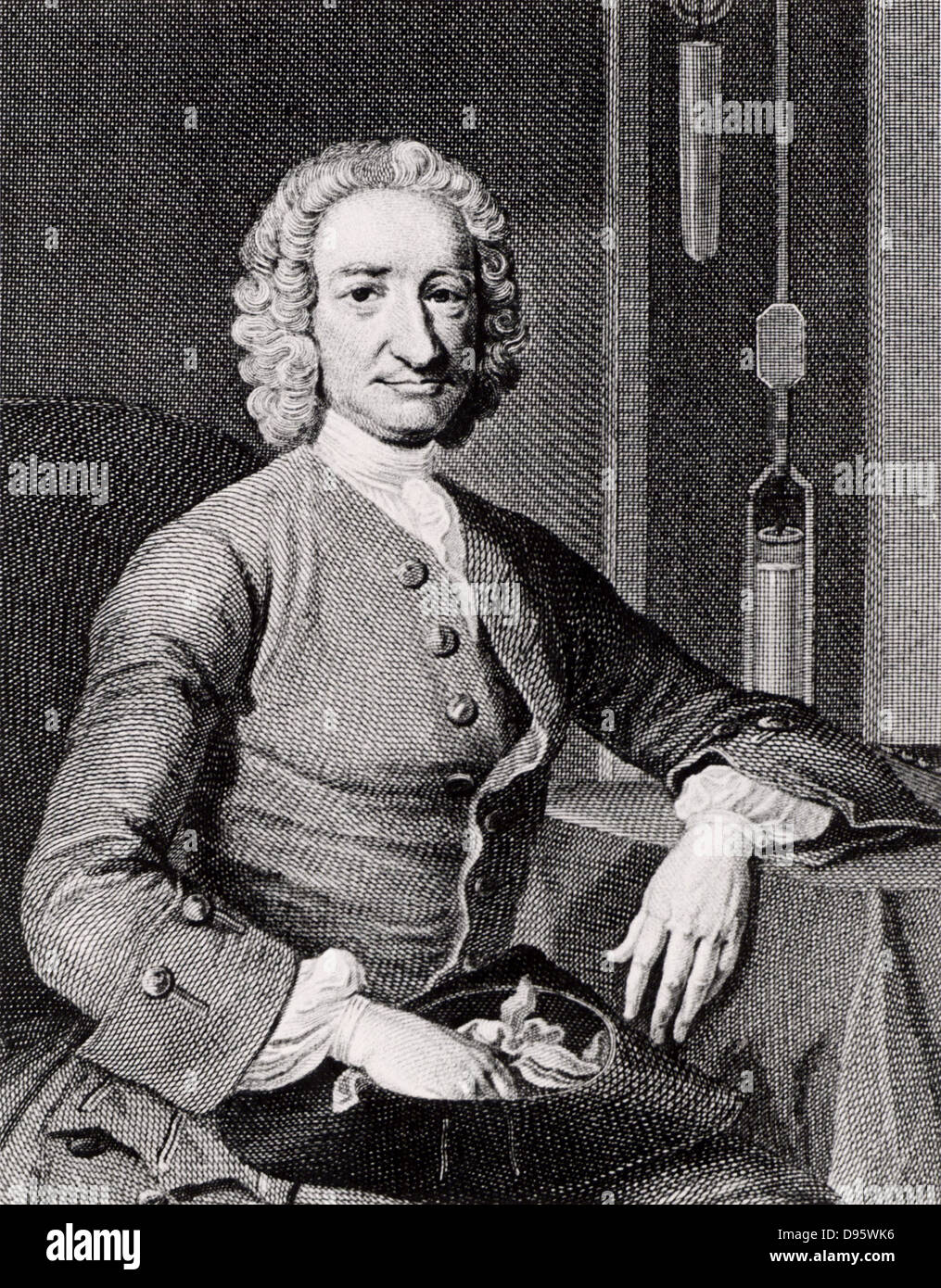 George Graham (1675-1751) English clockmaker and inventor.  Engraving after the portrait by Thomas Hudson (1701-1779).  In the background is part of a weight-driven clock with a mercury compensated pendulum, one of Graham's inventions. Stock Photo
