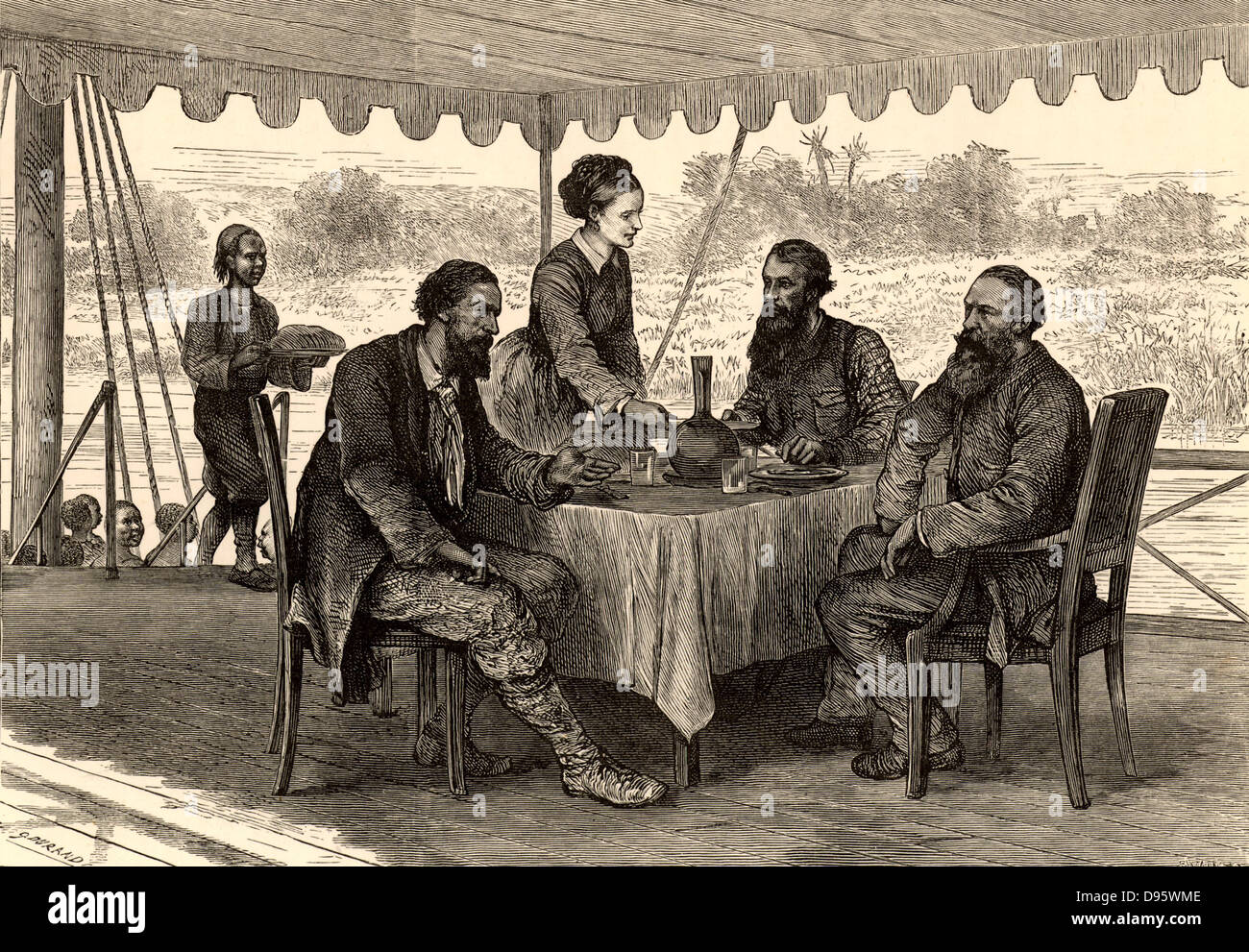 English explorers John Hanning Speke (1827-1864) and James Augustus Grant (1827-1892) at Gondokoro, south Sudan, at the end of their expedition, where they were met by Samuel (1821-1893) and Florence (1841-1916) Baker. On their 1860-1863 expedition Speke and Grant mapped parts of Lake Victoria Nyanza, Africa, and Speke found the outlet of the lake into the White Nile which he named Ripon Falls.  From 'Heroes of Britain in Peace and War' by Edwin Hodder (London, c1880), Stock Photo