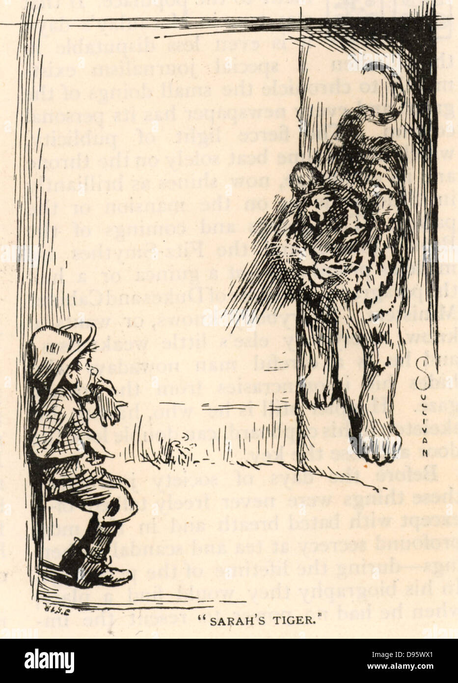 Sarah's Tiger: Sarah Bernhardt (born Henriette Rosine Bernard - 1844-1923) the great French actress had a penchant for exotic pets.  The cartoonist here shows a small boy terrfied by her pet tiger.  Engraving from 'The Strand Magazine' London, 1891. Stock Photo
