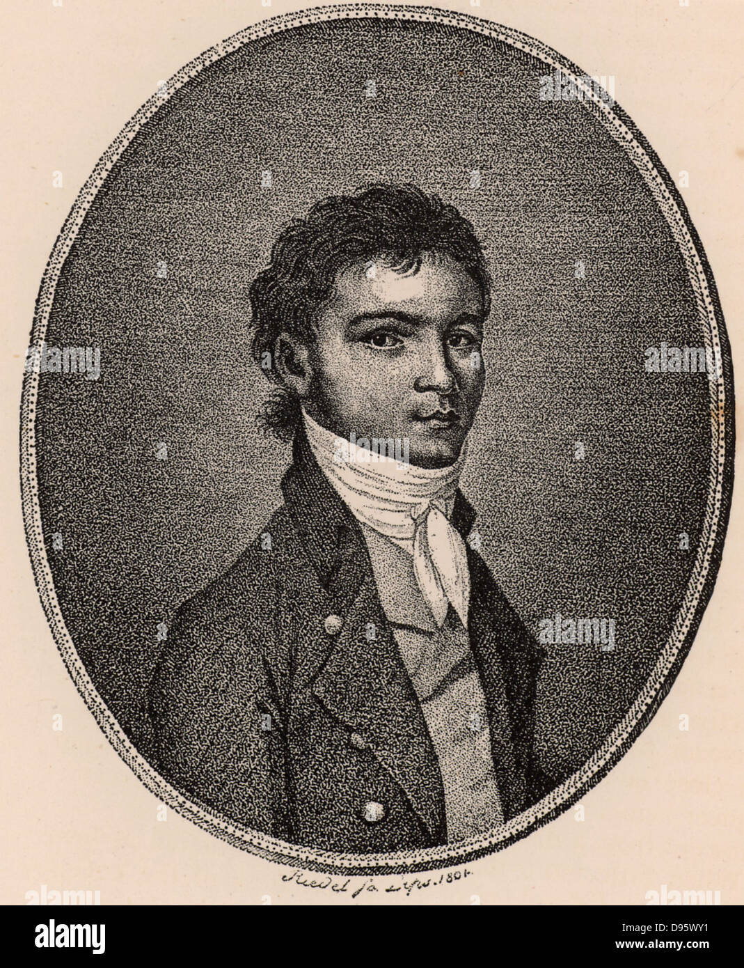 Ludwig van Beethoven (1770-1827) German composer, a bridge between the Classical and Romantic styles. Beethoven at the age of 31. Engraving. Stock Photo