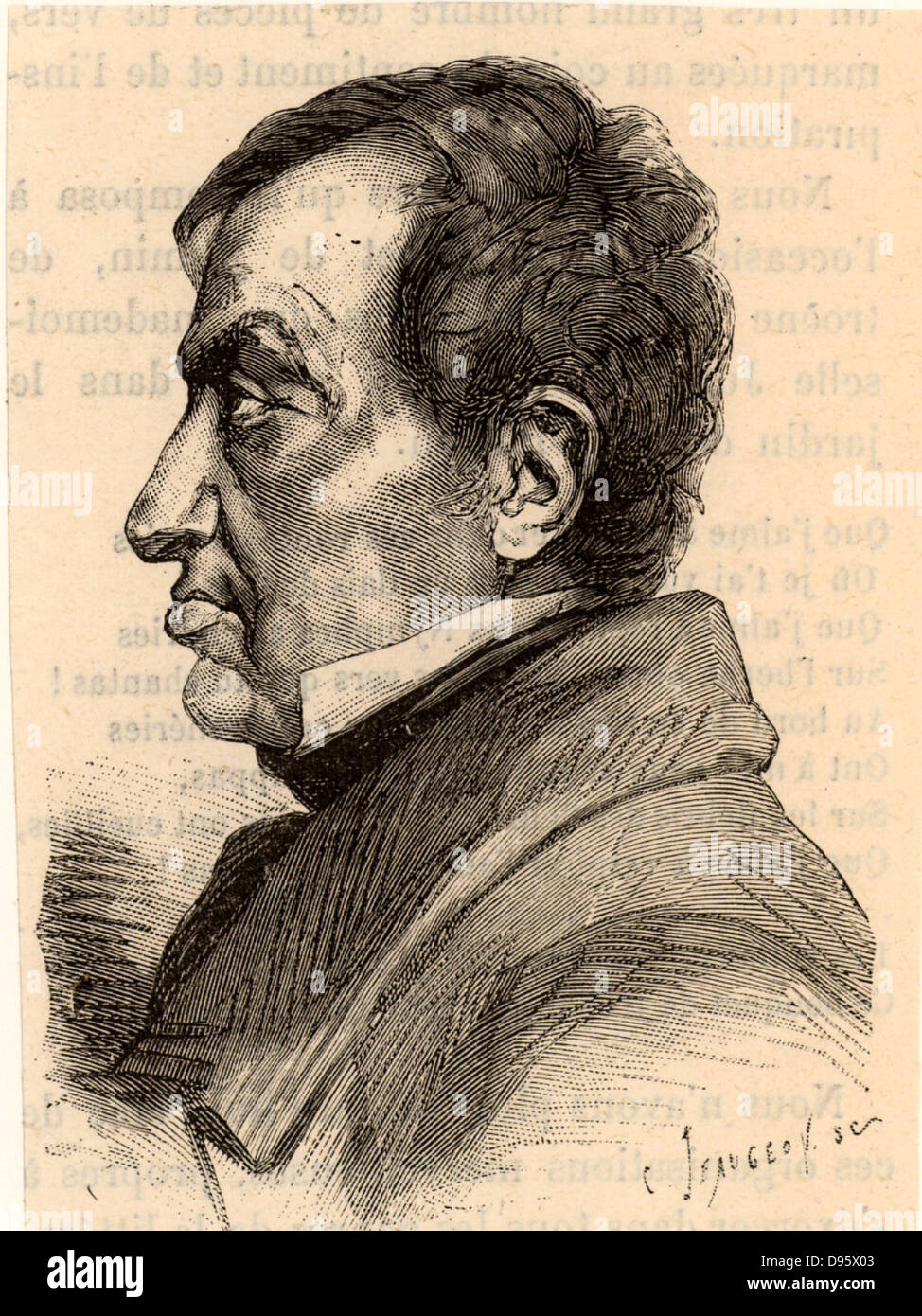 Andre-Marie Ampere (1775-1836) French mathematician and physicist who established the relationship of electricity and magnetism. Engraving from 'Les Nouvelles Conquetes de la Science' by Louis Figuier (Paris, 1883). Stock Photo