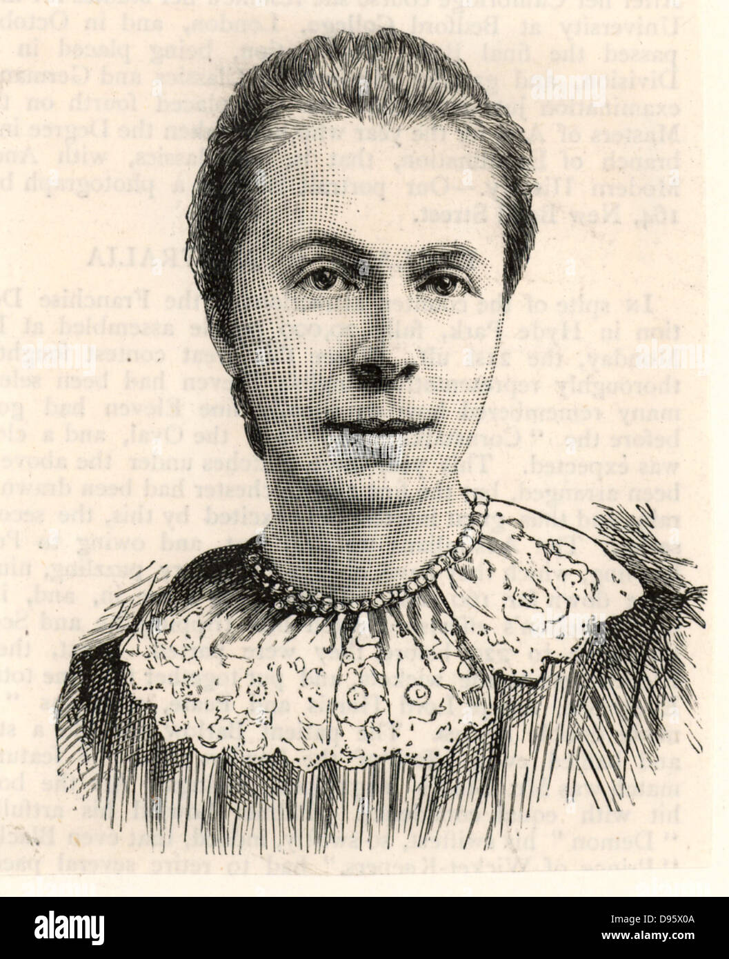 Mrs Sophia Bryant (born Willoch - 1850-1922) English mathematical scholar and teacher. In 1875 she joined the staff of the North London Collegiate School for Girls.  She became assistant to Miss Buss, the founder of the school whom she succeeded as Headmistress in 1895. The first woman to be awarded the degree of Doctor of Science by London University.  Campaigned for secondary education for women.  Engraving from 'The Graphic' (London, 2 August 1844). Stock Photo