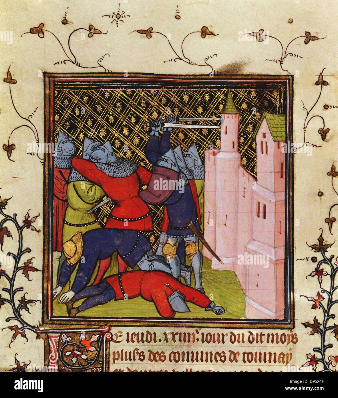 Hand-to-hand fighting with swords in defence of a castle. 14th century manuscript. British Museum Stock Photo