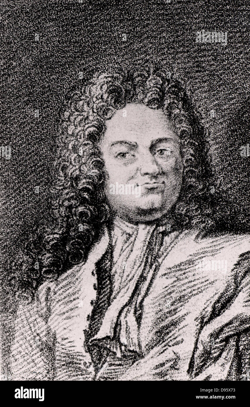 Christian Wolff or Wolf or Wolfius (1679-1754) German philosopher born in Breslau.  Professor mathematics and natural philosophy at Halle University (1706-1723 and from 1740). Professor at Marburg University (1723-1740).     Engraving from 'Histoire des Philosophes Modernes' by Alexandre Saverien (Paris, 1762). Stock Photo