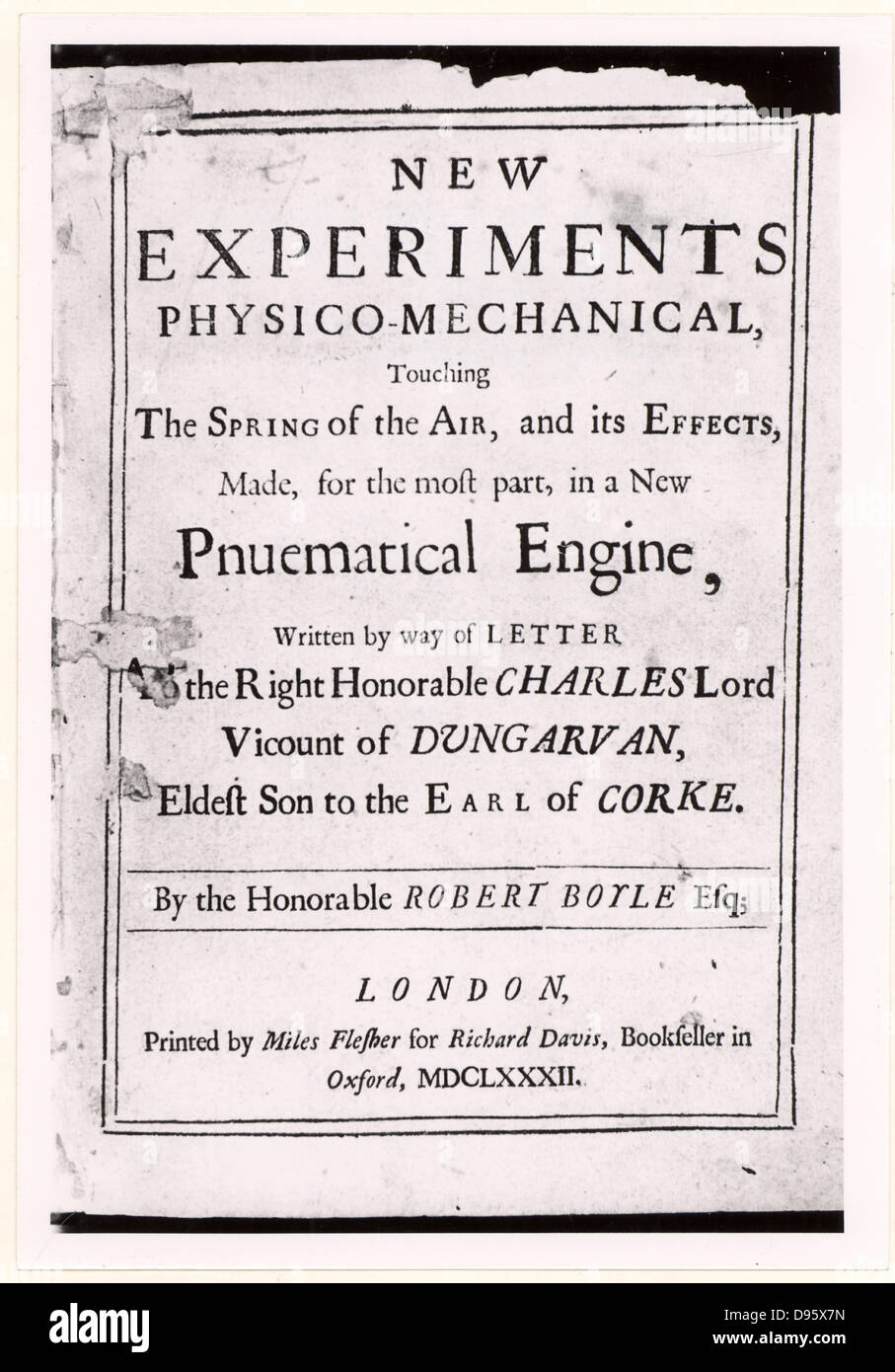 Title page of the third edition of 'New Experiments Physico-Mechanical, touching The Spring of the Air' by Robert Boyle (London, 1682).  Robert Boyle (1627-91) Irish born chemist and physicist.Pneumatics Stock Photo