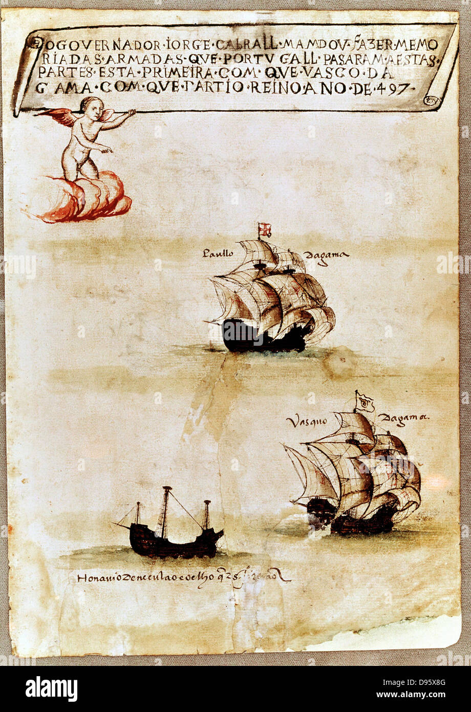 Vasco da Gama (c1469-1525) Portuguese navigator, first westerner to round Cape of Good Hope to Asia. Gama's fleet with his ship 'The Raphael' (centre) Pierpoint Morgan Library Stock Photo