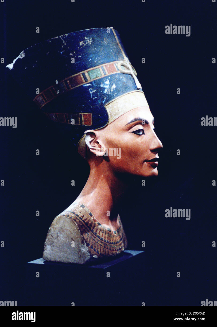 Nefertiti (14th century BC) Egyptian queen, consort of heretic king Akhenaton. Sculptured head found at Amarna 1912.  Berlin Museum Stock Photo