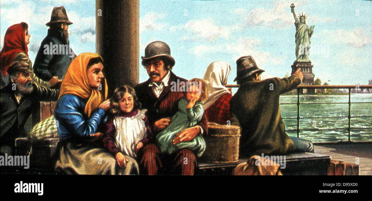 Irish (in tall hats) and European immigrant families arriving in New York harbour and approaching Ellis Island where they would be processed. The Statue of Liberty is in the background. c1900 Stock