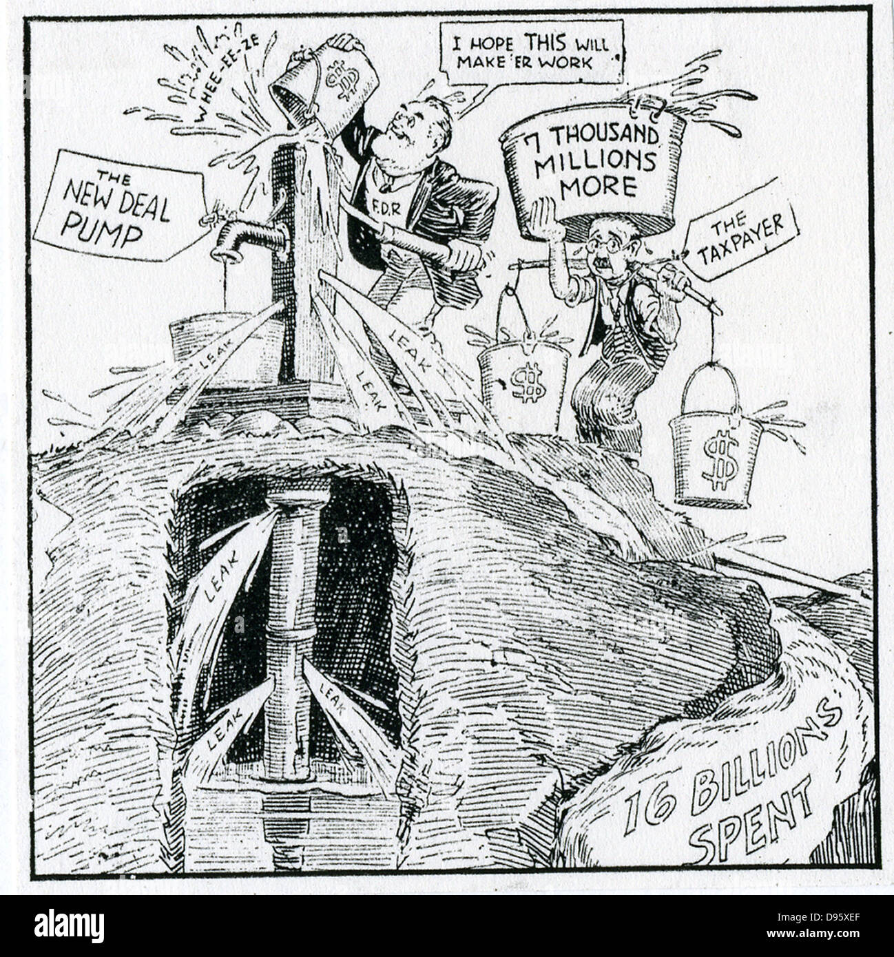 The American Depresseion 1930s. 'What We Need is a New Pump' cartoon on Franklin Delano Roosevelt's New Deal and the pump priming deficits. While FDR poured 8 1/2 billion US Dollars into the emergency, insisting he was balancing the budget. Stock Photo