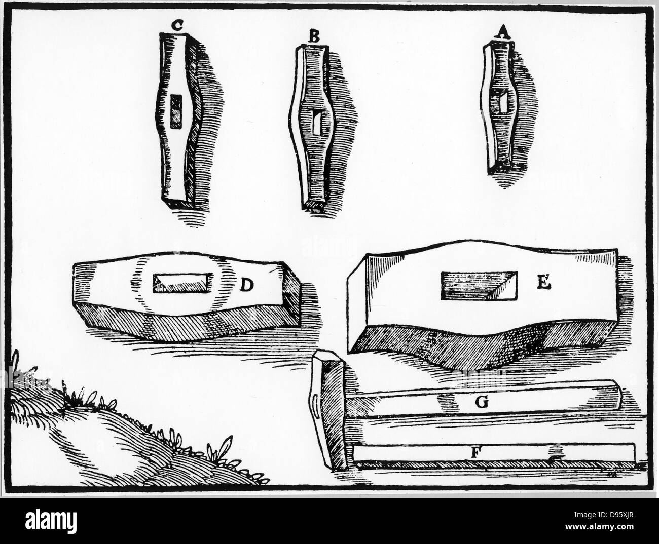 Miner's hammers of various sizes. From Agricola (George Bauer) 'De re metallica', Basle, 1556. Stock Photo