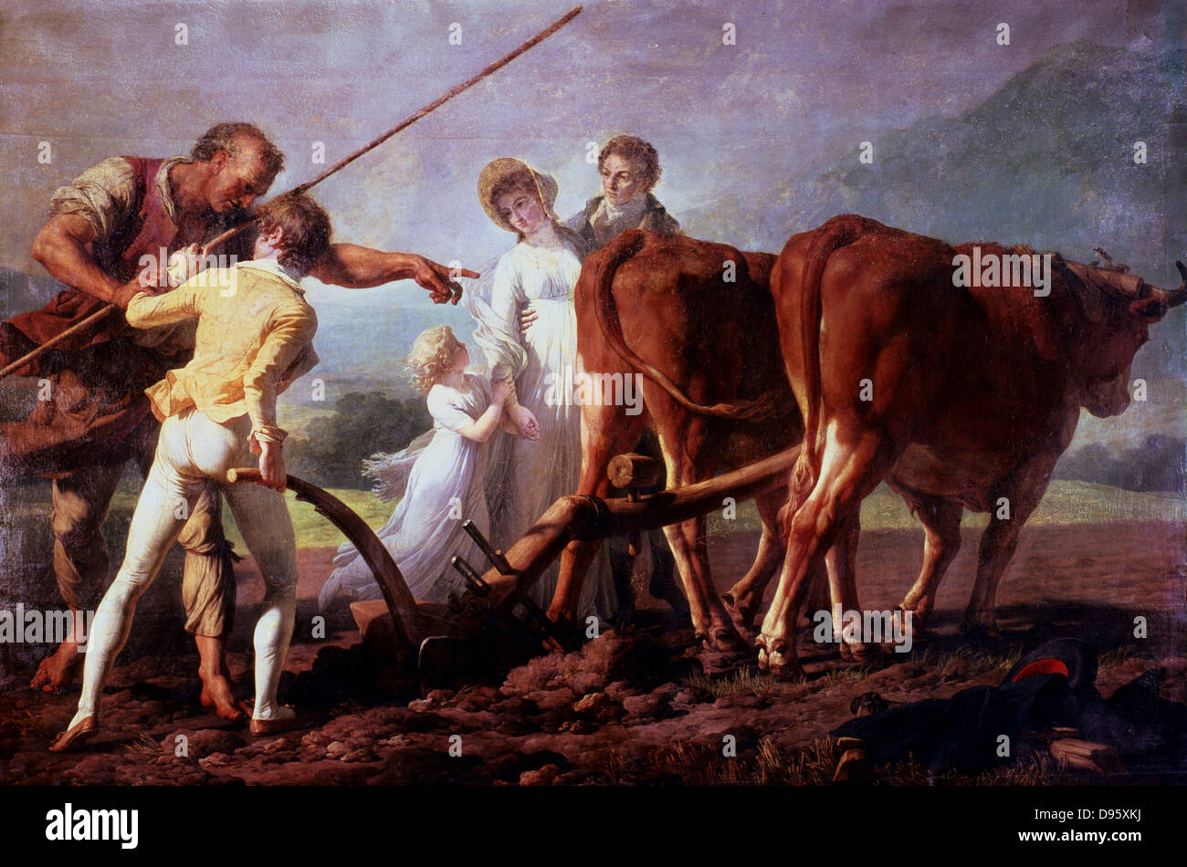 The Ploughing Lesson'.   Barefoot peasant ploughman teaching  the art of ploughing with a team of oxen to a young gentleman in fashionable clothing wbhile the boyu's parents and sister look on.  A Vincent (1746-1816). Musee des Beaux Arts, Bordeaux. Stock Photo