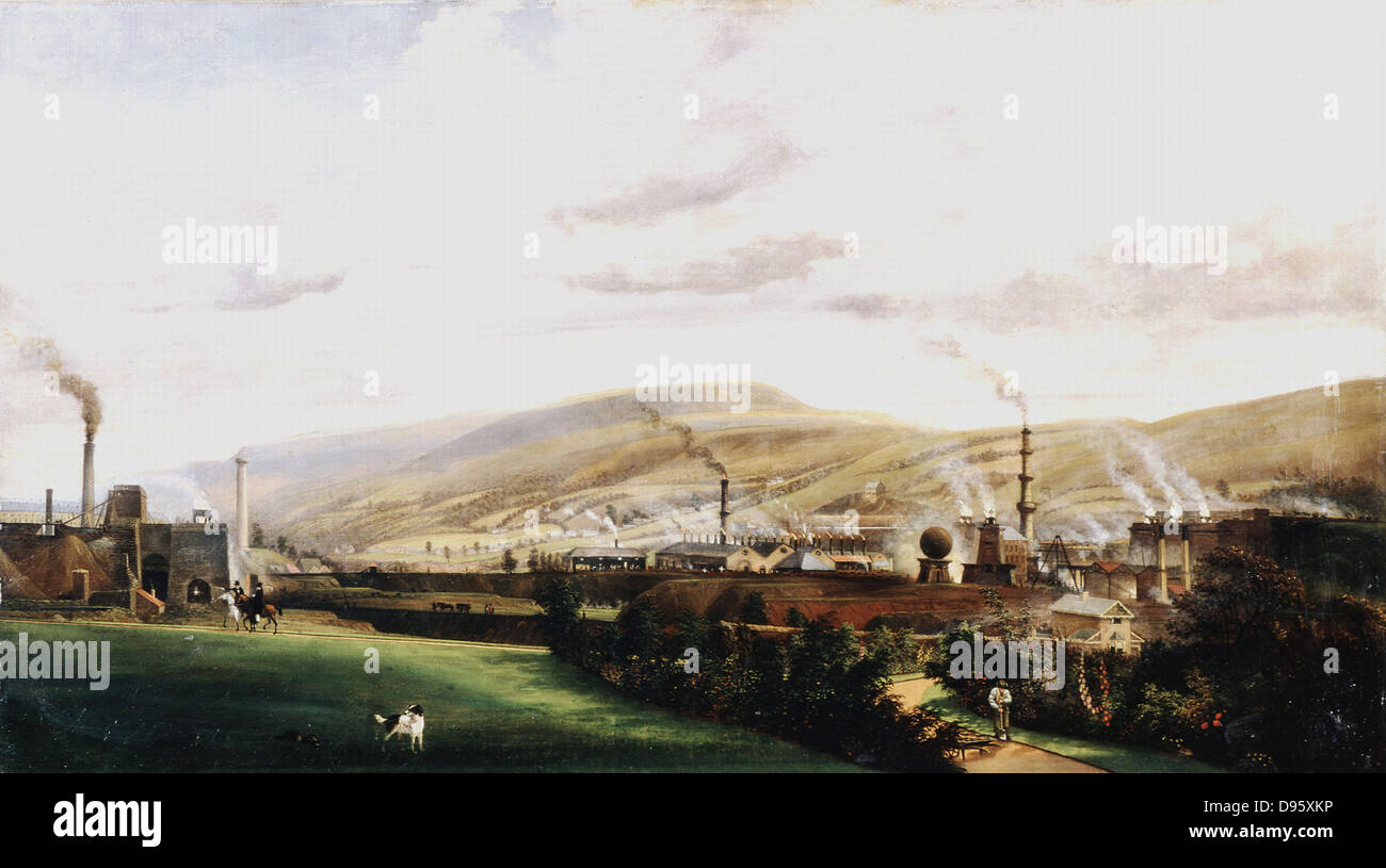 Industrial landscape, Wales. Ironworks clearly showing blast furnaces with flames spouting from their tops. Foreground shows contrast of green field and garden of ironmaster's house. Artist,  Penry Williams (1798-1885). Private collection. Stock Photo
