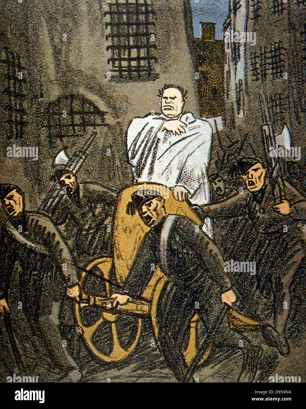 Triumphy of Mussolini in Italy, 1925. Cartoon showing the Italian Fascist dictator Benito Mussolini (1883-1945) as Caesar, proclaiming that untill all his enemies were defeated there could be no truly free Italy. Stock Photo