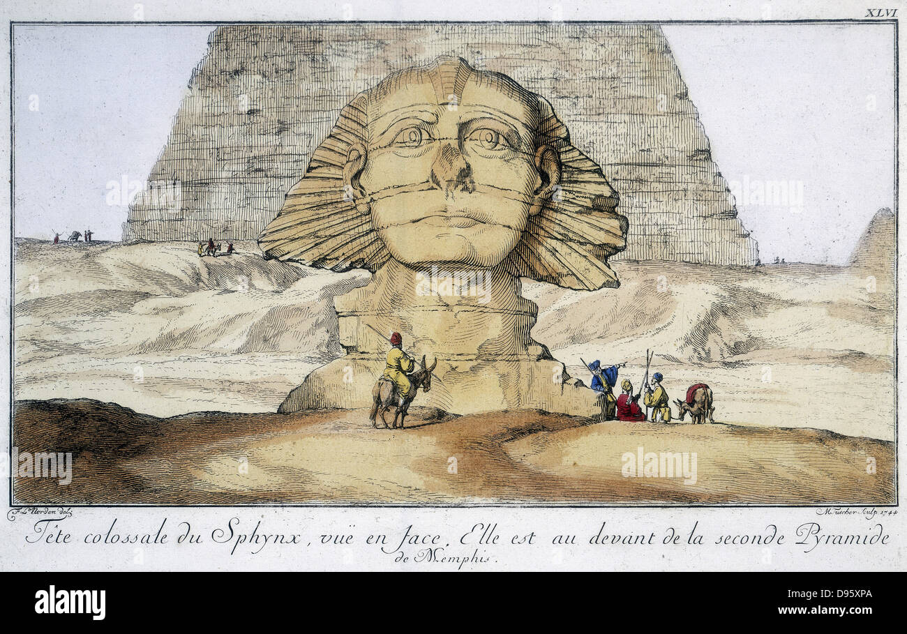 Huge head of Sphinx, seen from the front. It is just in front of the second pyramid of Memphis, Egypt. Engraving after FL Norden. Stock Photo