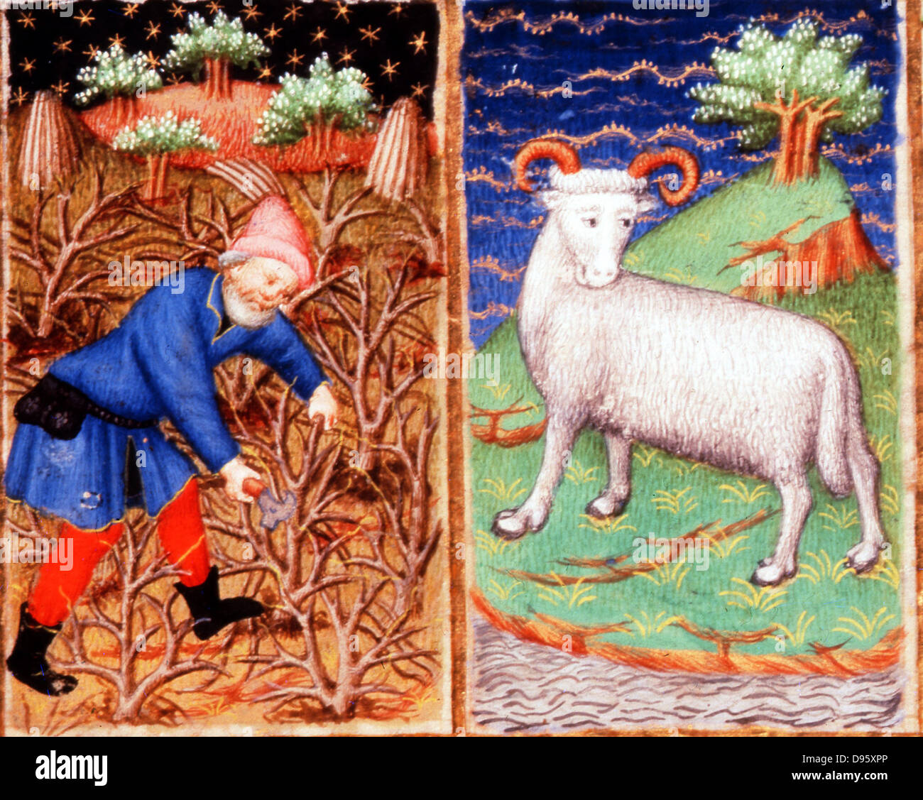March. Astrological sign of Aries. Pruning. From the 'Bedford Hours', French 15th century illuminated manuscript.  British Library, London. (Detail) Stock Photo