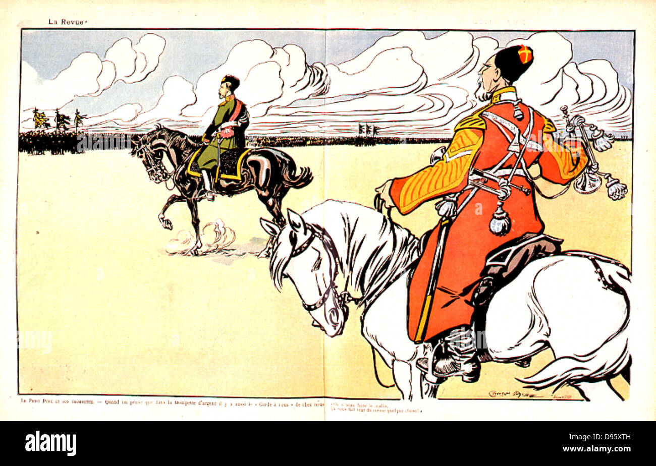 Nicholas II (1868-1919) Tsar of Russia from 1894, reviewing his Cossack troops at Loubet.  Cartoon by Caran d'Ache from 'Le Rire', 2 June 1902. Stock Photo