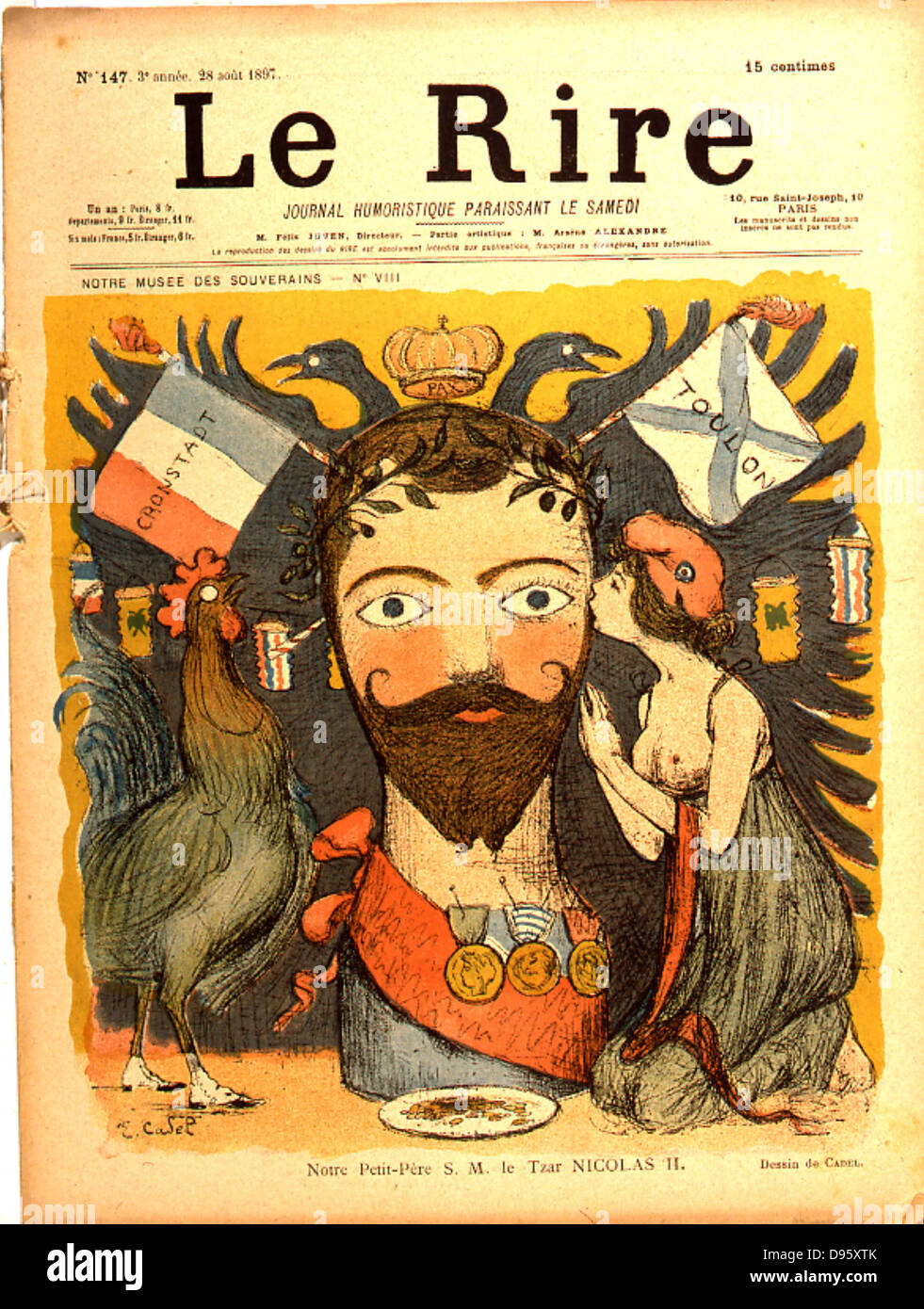 Russian foreign policy: France, in the guise of her mascots Chanticleer and Madeleine, making advances to Nicholas II (1868-1919) Tsar of Russia from 1894. Cartoon from 'Led Rire', Paris, 28 August 1897. Stock Photo