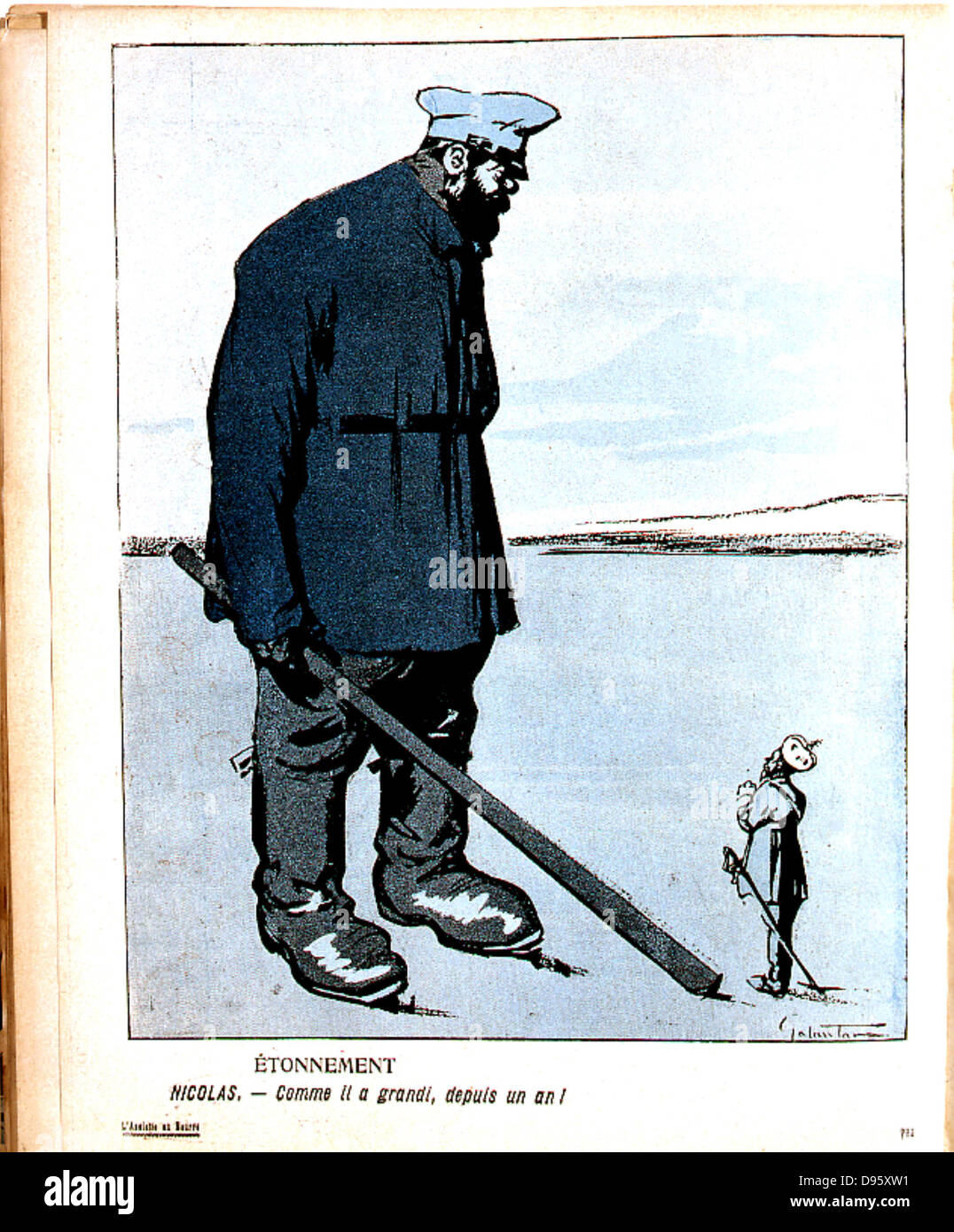 Nicholas II (1868-1919) Tsar of Russia from 1894, dwarfed by the awakening of the Russian people. Cartoon from 'L'Assiette au Buerre', Paris, 10 February 1906. Stock Photo