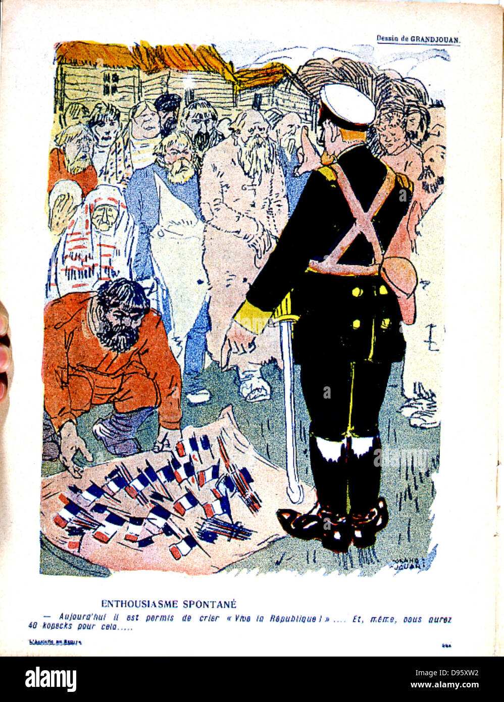 Russian foreign policy. In 1908 Armand Fallieres, President of France 1906-1913, visited Russia. Policeman is telling a paid crowd that today they can shout 'Vive la Republique'. Cartoon from L'Assiette au Buerre', Paris, 1908. Stock Photo