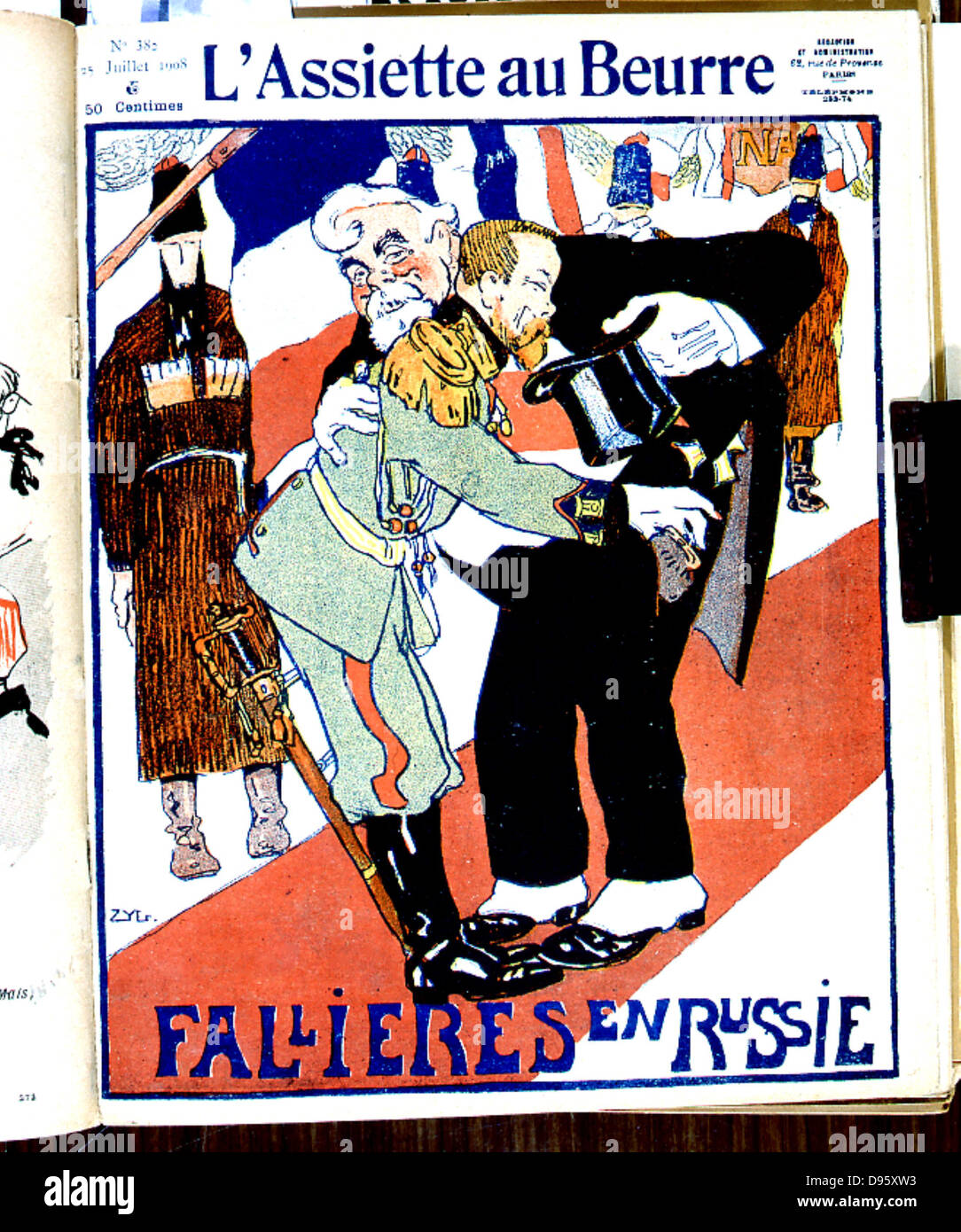 Russian foreign policy. In 1908 Armand Fallieres, President of France 1906-1913, visited Russia. Here he is having his pocket picked by the Tsar. Cartoon from L'Assiette au Buerre', Paris, 25 July 1908. Stock Photo