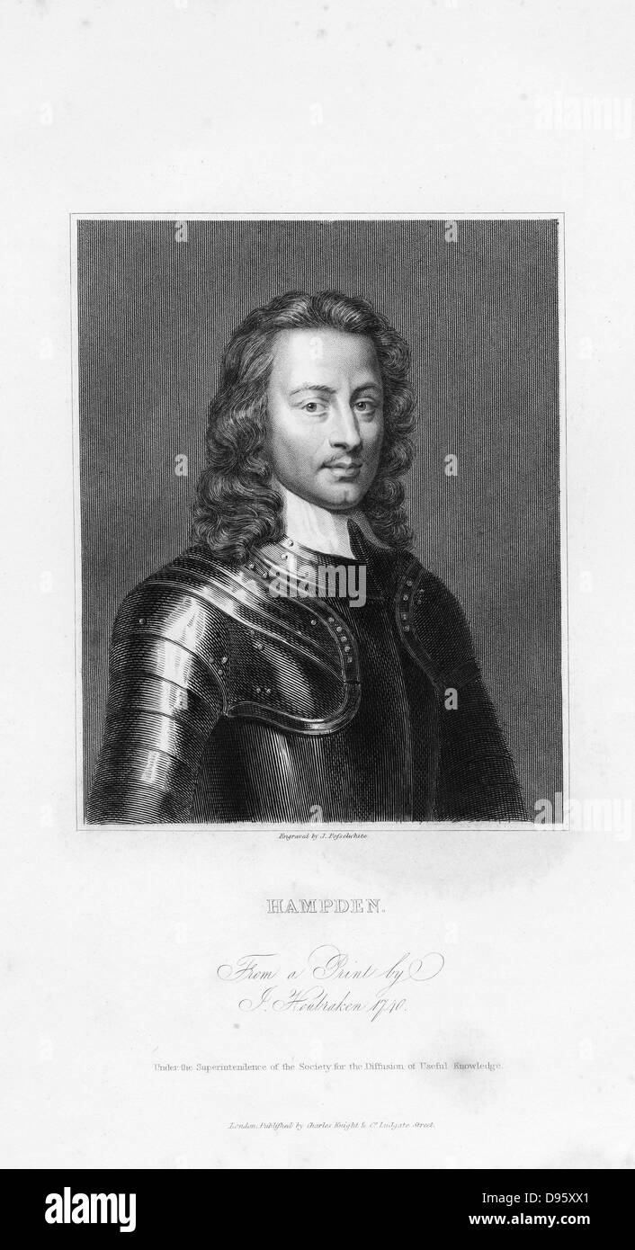 John Hampden (1594-1643) English Parliamentary leader. Died at the Battle of Chalgrove, 18 June 1643, attempting to repulse Royalist forces under Prince Rupert. Engraving. Stock Photo