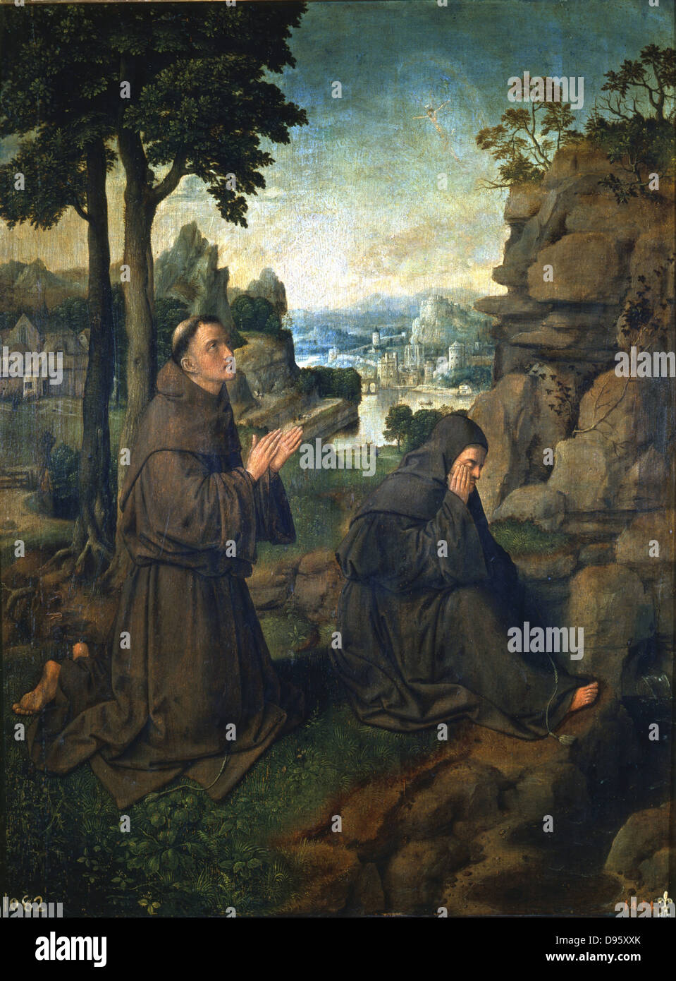 St Francis of Assisi and another Franciscan monk in the desert. Joachim D Patinir (c1490-c1524), Flemish artist. Prado, Madrid. Stock Photo