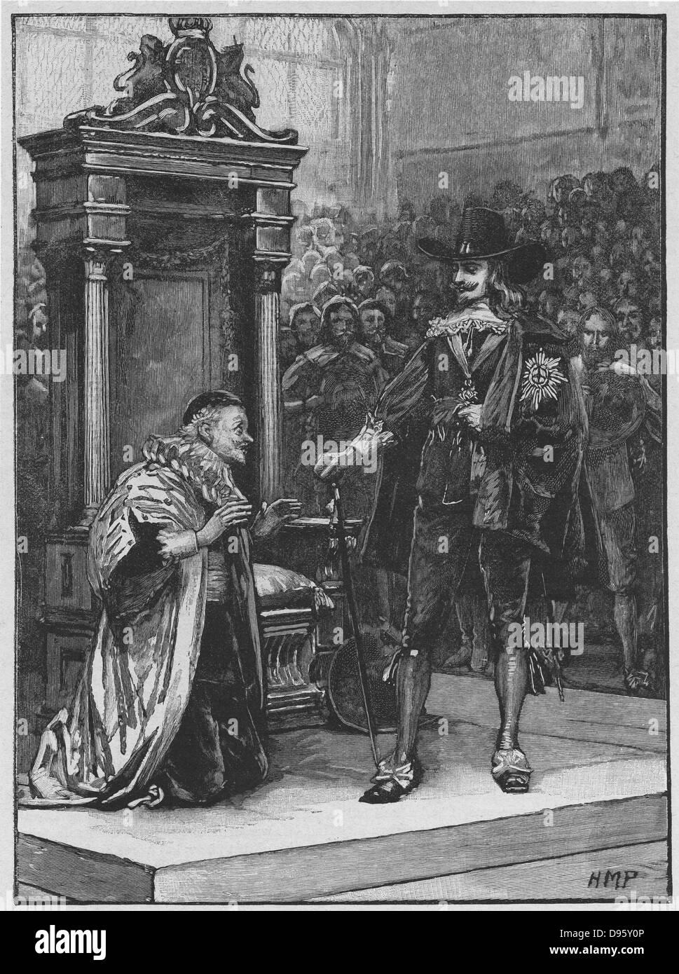 Charles I demanding the surrender of the five Members of Parliament (John Hampden, John Pym, Sir Arthur Hasilrigge, Denzil Holles and William Strode) 4 January 1642.  The Speaker, William Lenthall (1591-1662) kneels before the king  saying he has not seen the wanted man. Engraving c1885. Stock Photo