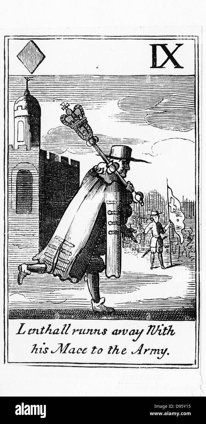 William Lenthall (1591-1662), Speaker of the House of Commons, running away to the Puritan army with the Mace (symbol of Parliamentary authority). After a set of Cavalier (Royalist) playing cards satirising the Puritans. Stock Photo