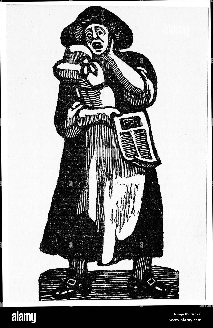 Female pedlar selling printed ballads in the street. 17th century London. Stock Photo