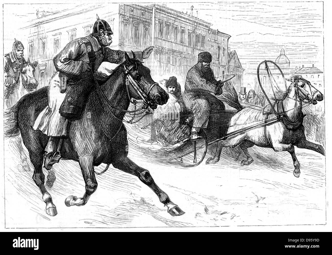 Unrest in Russia:  Mounted Secret Police in St Petersburg waving down a horse-drawn sledge carrying a possible suspect. Various attempts were made on the life of  Alexander II, including one on 2 March 1880, culminating in his assassination on 13 March 1881. Stock Photo