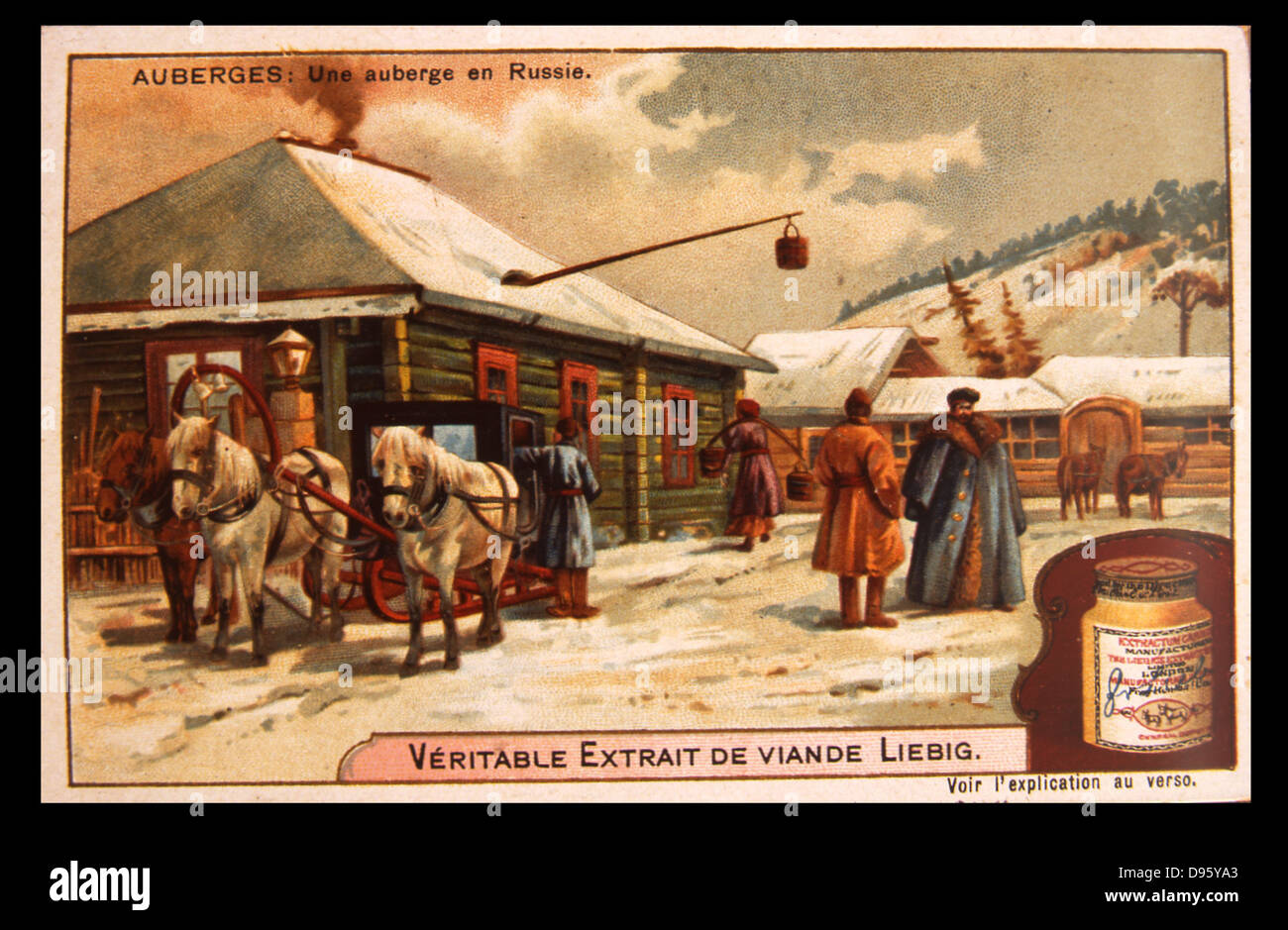 Typical late 19th century Russian village in winter. On the left is a troika, a sledge drawn by three horses abreast.  From a Liebig trade card circa 1900. Chromolithograph. Stock Photo