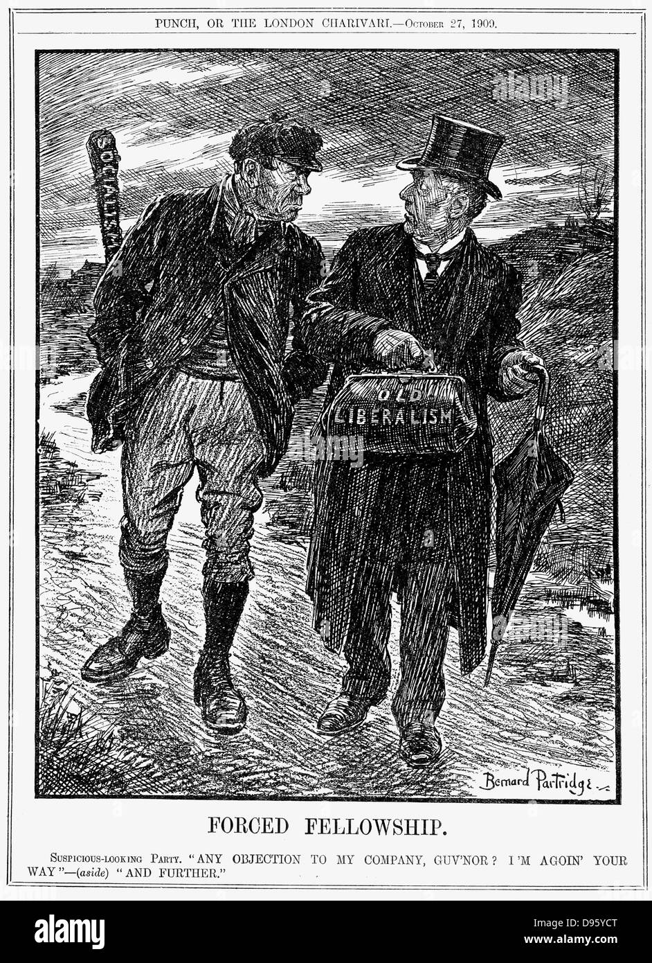 The policies of the British Liberal party were seen by some as creeping Socialism and, at the general election of January 1910, their parliamentary majority was sharply cut. Cartoon by Bernard Partridge from 'Punch', London, October 1909. Stock Photo
