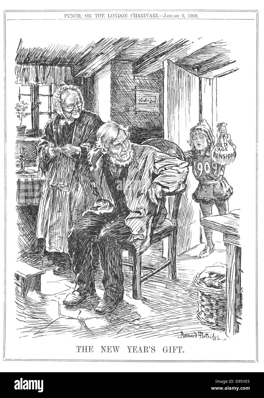The infant 1909 bringing an elderly couple thier New Year gift - the old age pension.  Cartoon by Bernard Partridge from 'Punch', London, 6 January 1909. Stock Photo