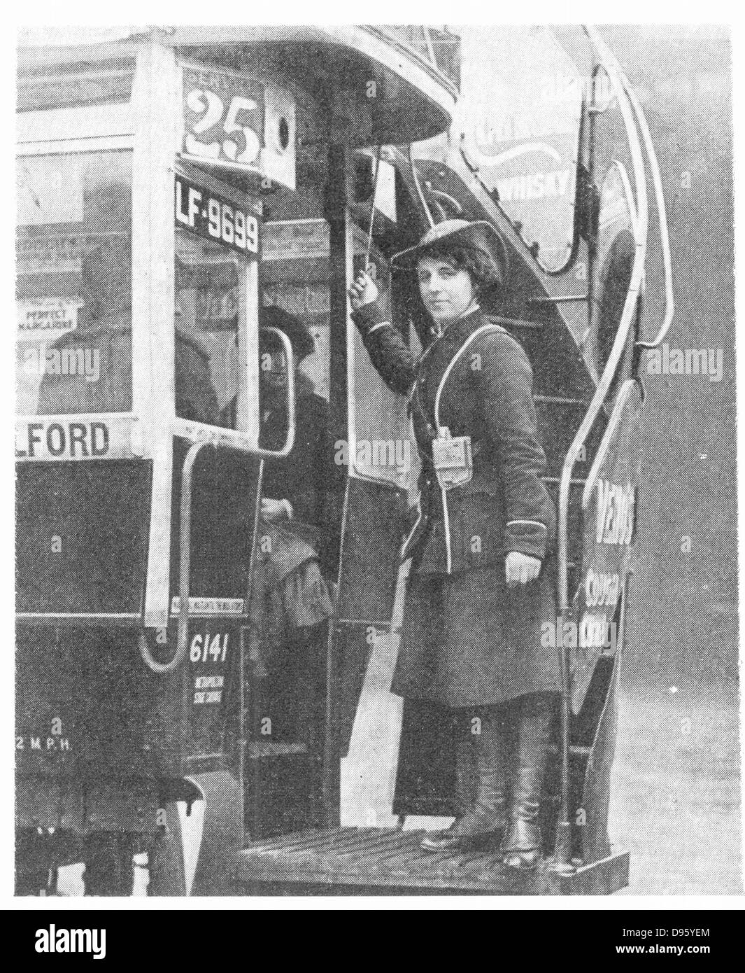 World War I - 1914-1918.  After conscription in 1916, British women took over many civilian jobs.  Woman bus conductor. Stock Photo