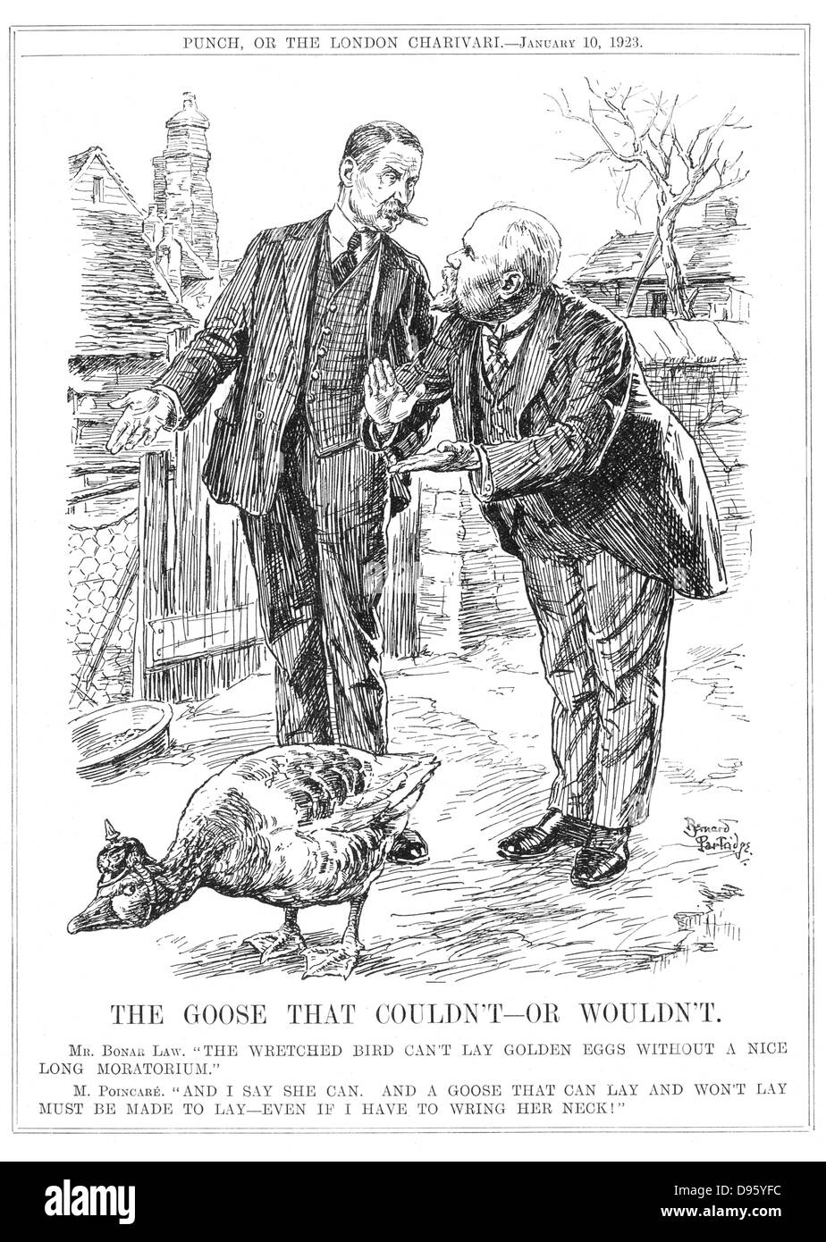 Arthur Bonar Law (1858-1923) Candian-born Scottish Unionist statesman, British Prime Minister 1922-1923, trying to persuade the French Prime Minister, Raymond Poincare, to give time for Germany, the Golden Goose, to pay reparations. Cartoon by Bernard Partridge from 'Punch', Lodon, 10 January 1923. Stock Photo