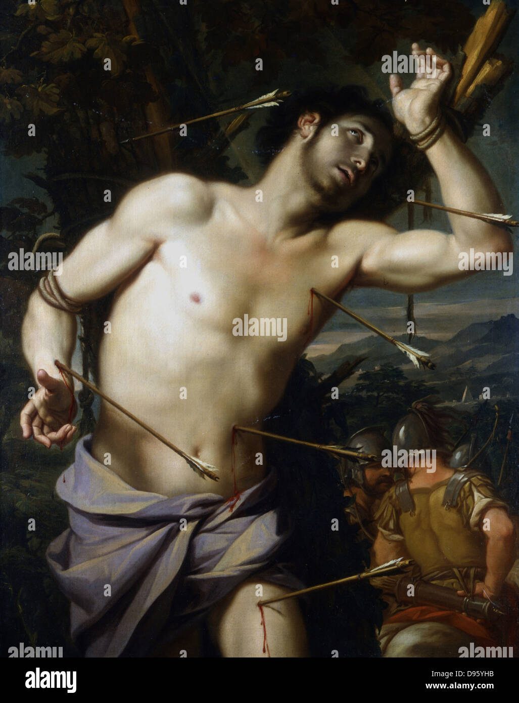 St Sebastian' (dc288) Christian martyr Roman soldier and Captain of the Praeterian Guard. Executed under Emperor Diocletian.  School of Giovanni Domenico Cerrini, called Cavaliere Perugino (1609-1681). Oil on canvas.  Private collection. Stock Photo