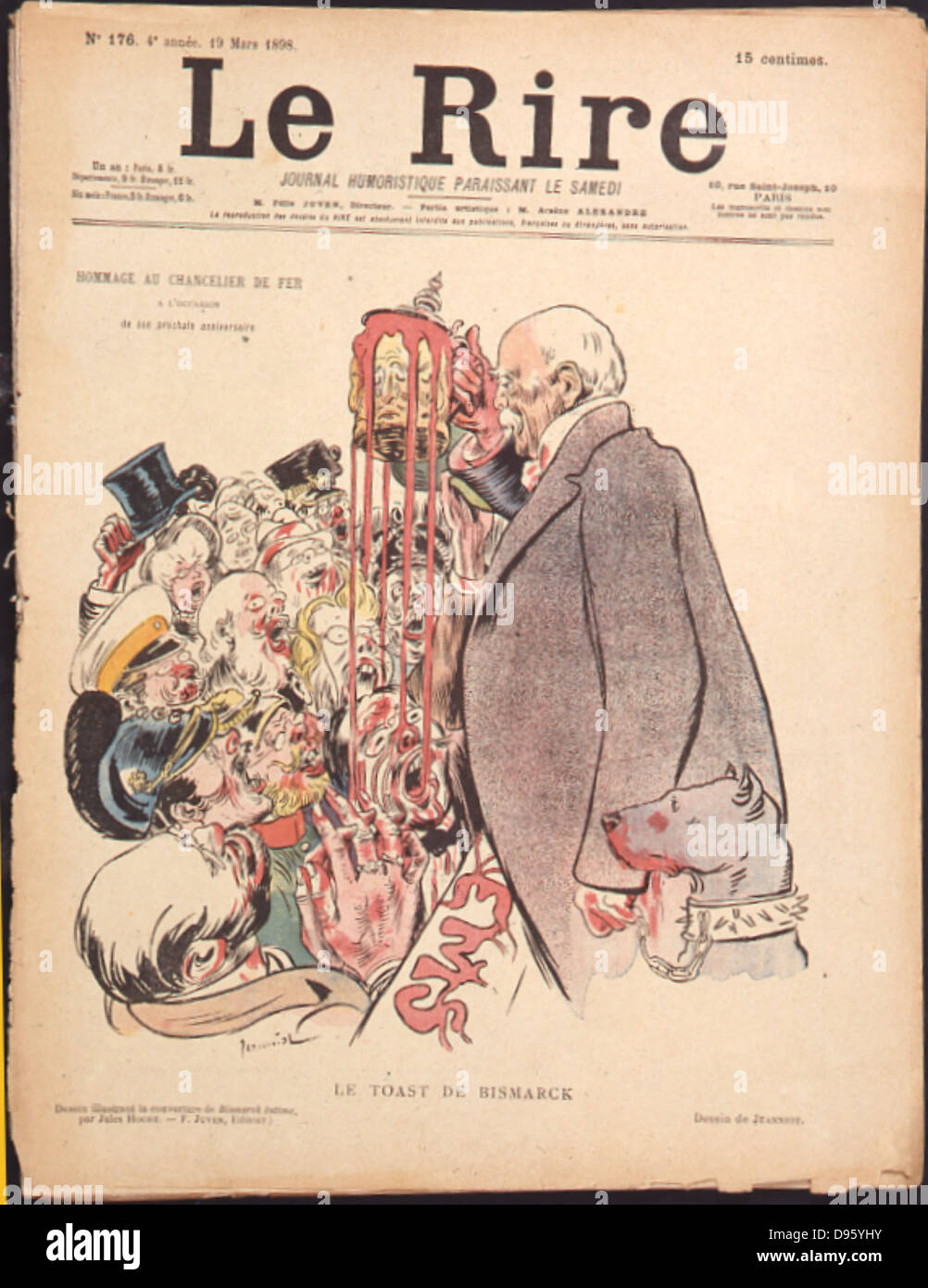 Cartoon from 'Le Rire', Paris, 19 March 1898 dedicated to Otto von Bismarck (1815-1898) German statesman, known as the Iron Chancellor, on his forthcoming birthday on 1 April.  Bismarck died on 30 July 1898. Stock Photo