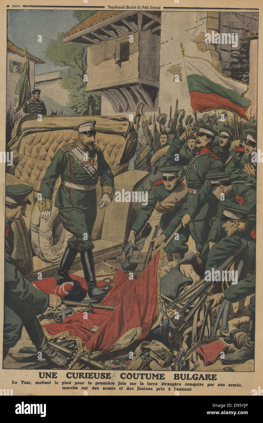 Balkan Wars: Ferdinand I of Bulgaria, according to the custom of his country, walking on on the weapons and flags of enemies conquered by his army, in this case the Turks. From 'Le Petit Journal, Paris, 10 November 1912. Stock Photo