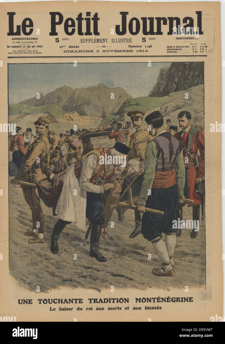 Balkan Wars: Nicholas I of Montenegro (1841-1921), reigned 1910-1918. Nicholas in accord with national tradition, giving a paternal kiss to the dead and wounded. From 'Le Petit Journal', Paris, 3 November 1912. Stock Photo