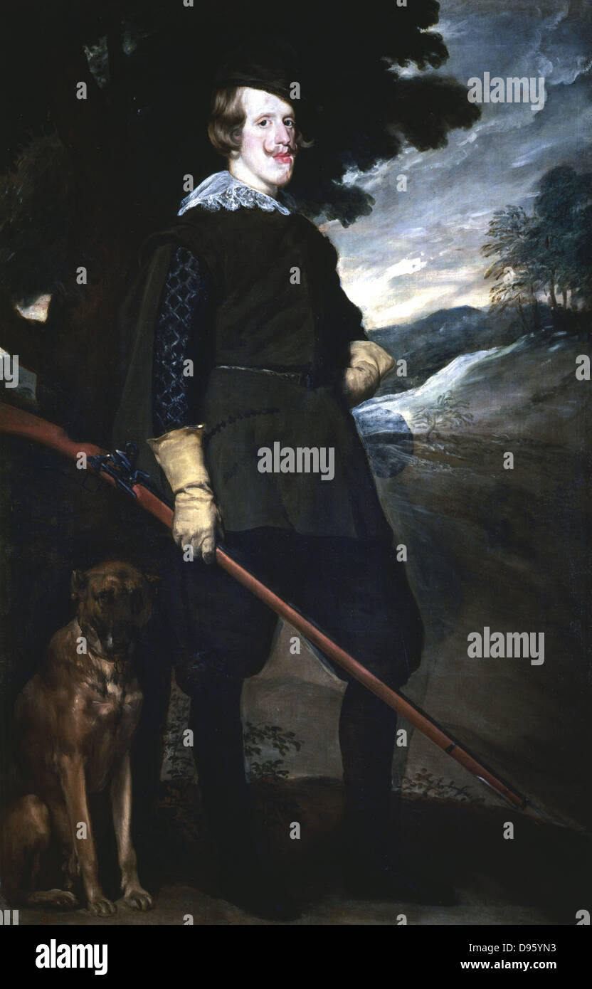 Philip IV (1605-1665) king of Spain from 1621, in hunting dress, holding a gun and accompanied by a dog. This portrait shows the pronounced jaw inherited by many Hapsburgs.  Portrait by Diego Velasquez (1599-1660). Prado, Madrid. Stock Photo