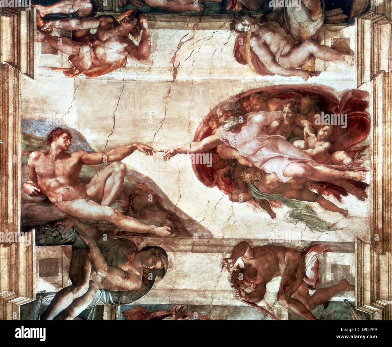 Creation of Adam. Ceiling of the Sistine Chapel, Vatican (Pre-restoration).   Michelangelo (1475-1564). Stock Photo