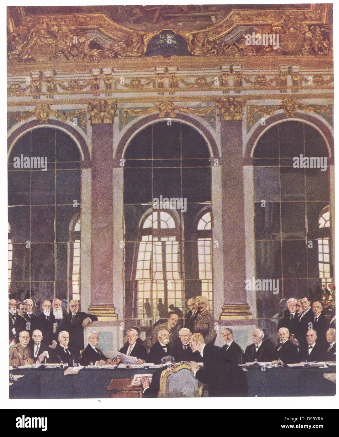 World War I: Signing Treaty of Versailles in the Hall of Mirrors, 28 June 1919. After the painting by William Orpen (1878-1931). Stock Photo