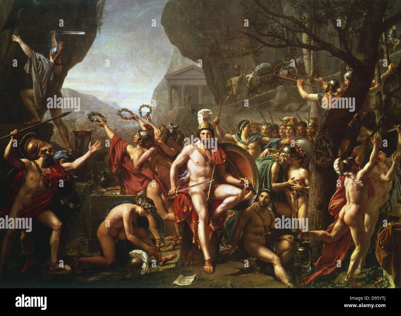 Leonidas at Thermopylae'  (1814).   Leonidas (dc480 BC) king of Sparta from 491 BC. Held pass at Thermopylae for 3 days with 300 Spartans and 700 Thespians against the Persian army. Leonidas and his followers all died.  Jacques Louis David (1748-1825) French painter. Stock Photo