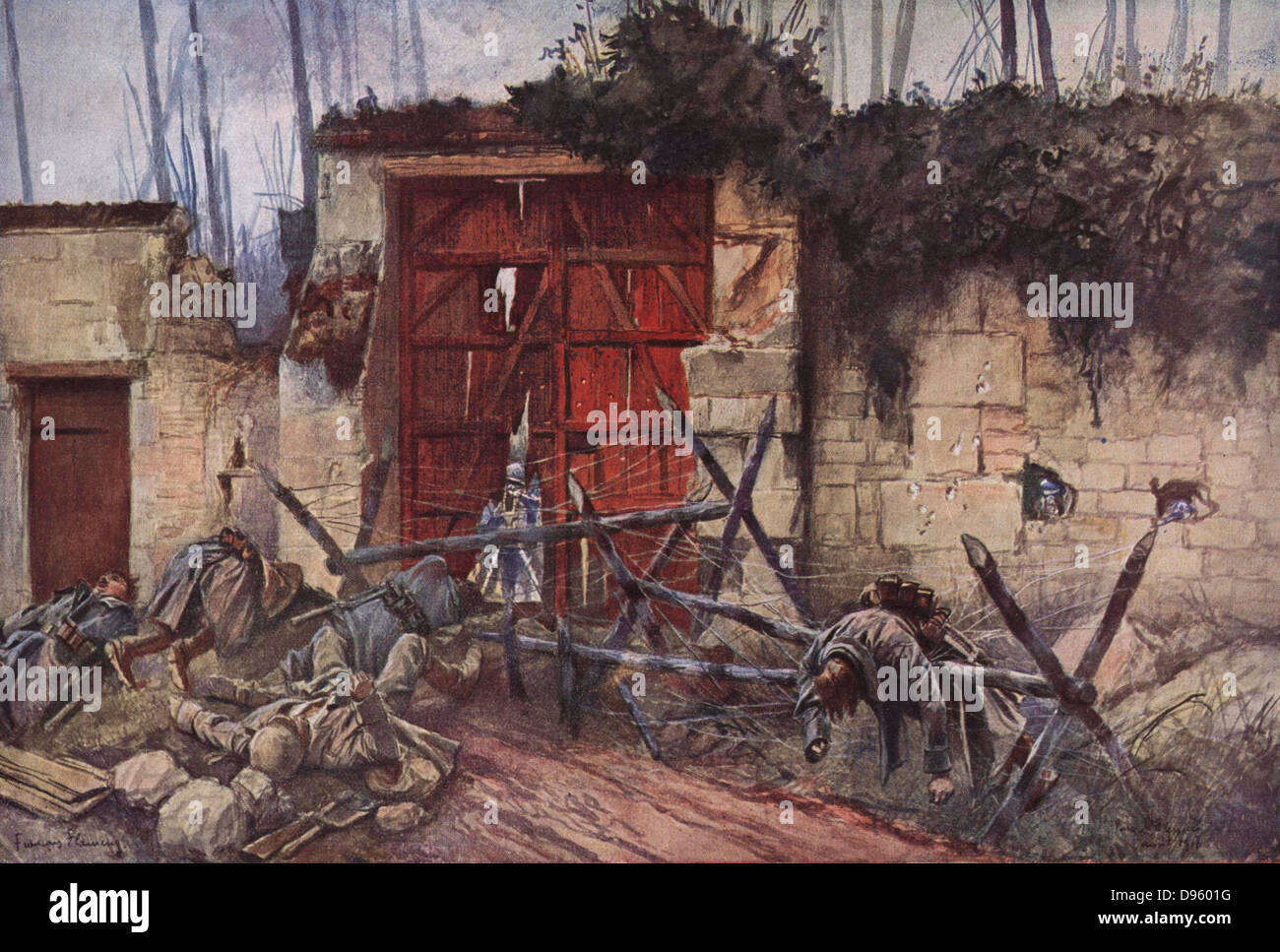 First World War battlefield scene, 1918.   A gate into the park of the chateau of Plessis-de-Roye.  Defenders have made gun ports in the wall and the gate and have mown down the attacking infantry with lethal gunfire.    After the painting by Francois Fla Stock Photo