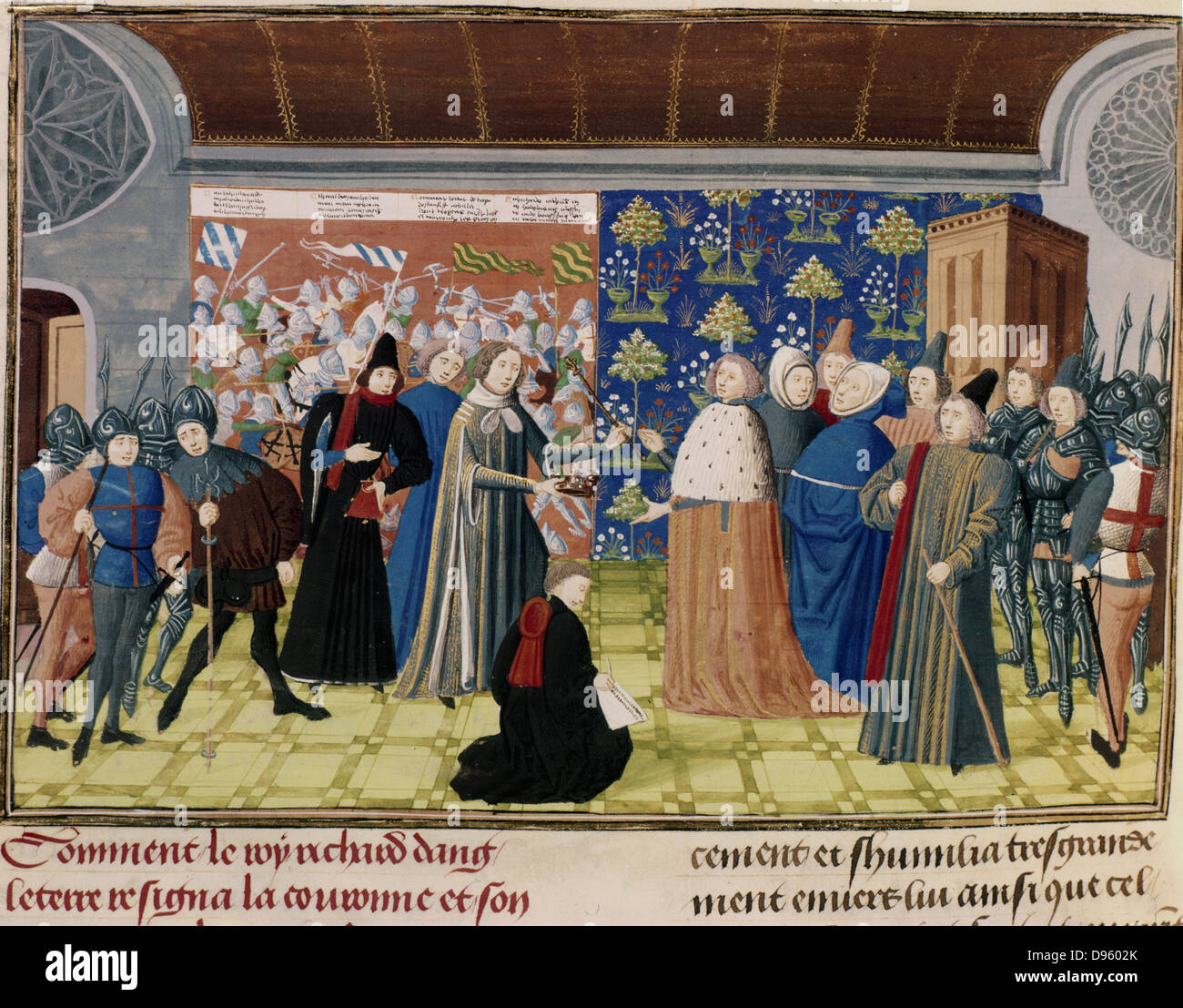 Froissart Chronicles (c.1333-c.1404). Richard II (1367-1400) King of England from 1377, surrendering the crown and sceptre to Lord Derby, 29 December 1399. Richard died, probably murdered, in Pontefract Castle early in 1400. Manuscript, British. Museum, London Stock Photo