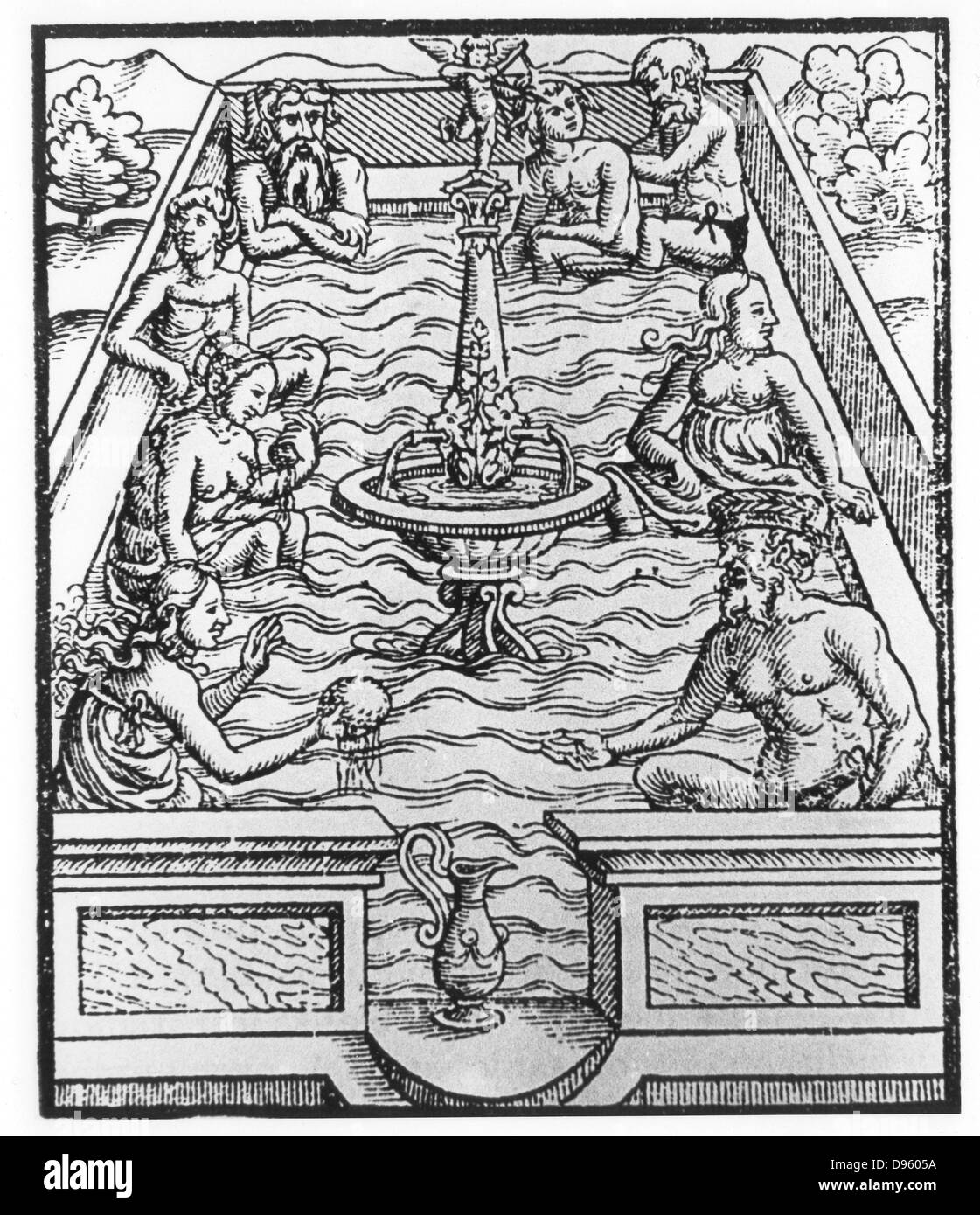 Communal bath. Woodcut from JJ Hugel 'Von heilsamen Badern des Teutschelands ...',  Mullhause, c1559. Mixed public baths were a feature of city life, particularly in many of the German city states, but were banned after syphilis and gonorrhea reached epidemic proportions. Stock Photo