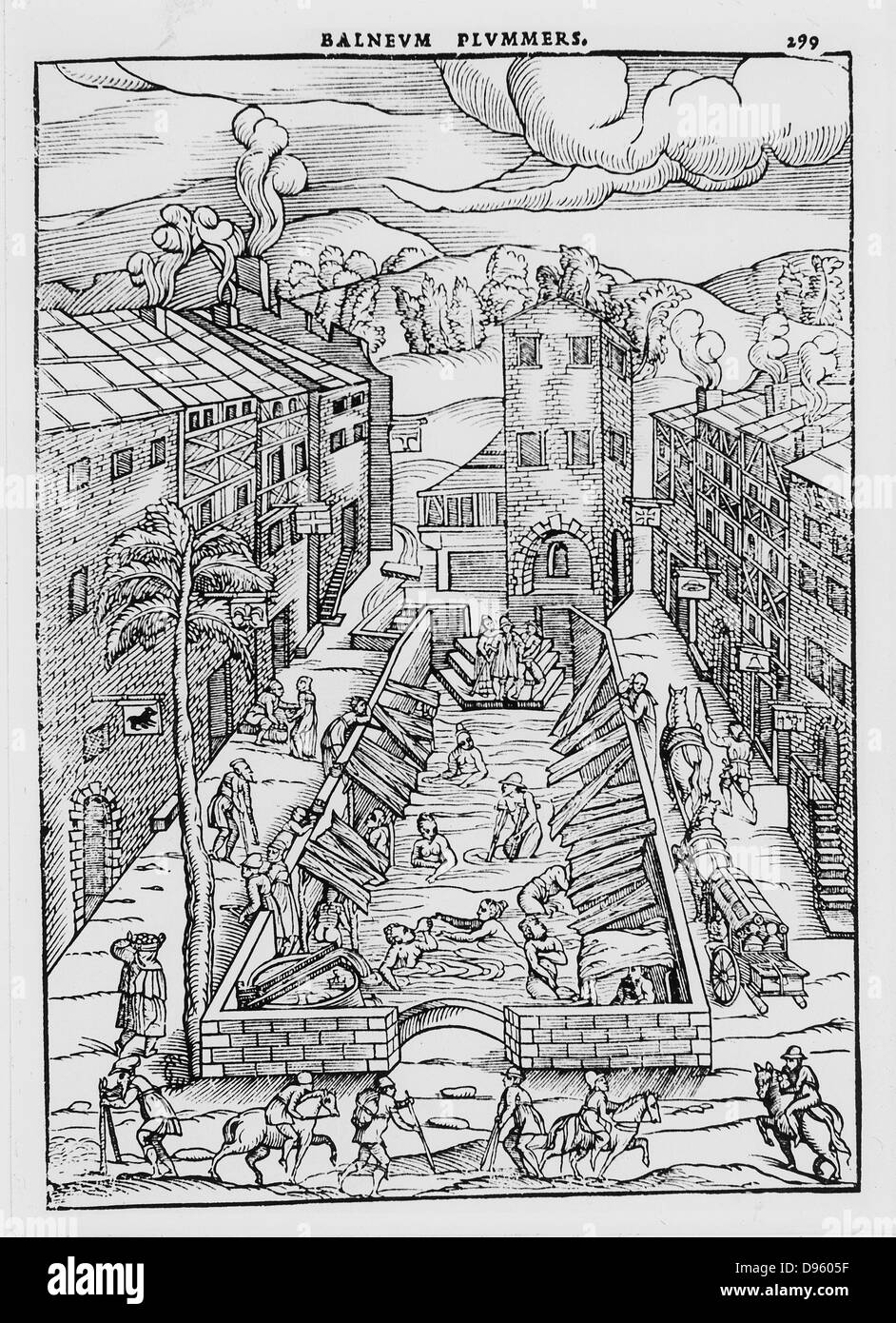 The Baths of Plombiere, woodcut from Thomas Guinta 'De Balneis omnia ...', Venice, 1553.  Mixed public baths were a feature of city life, partic ularly in many of the German city states, but were banned after syphilis and gonorrhea reached epidemic proportions. Stock Photo