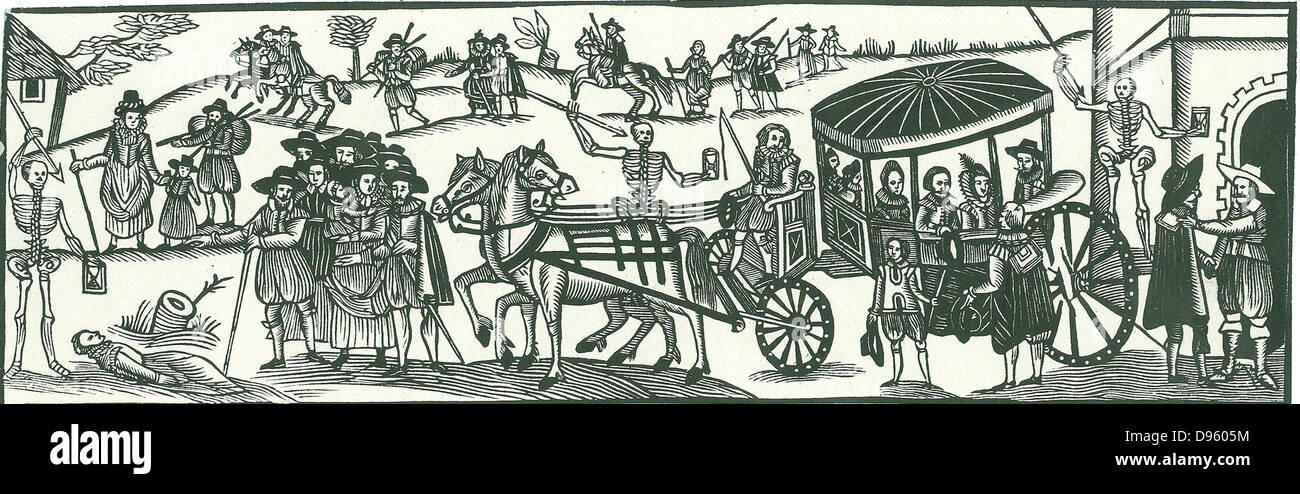 Townspeople escaping to the countryside to avoid and outbreak of Plague.  Mid-17th century English woodcut. Stock Photo