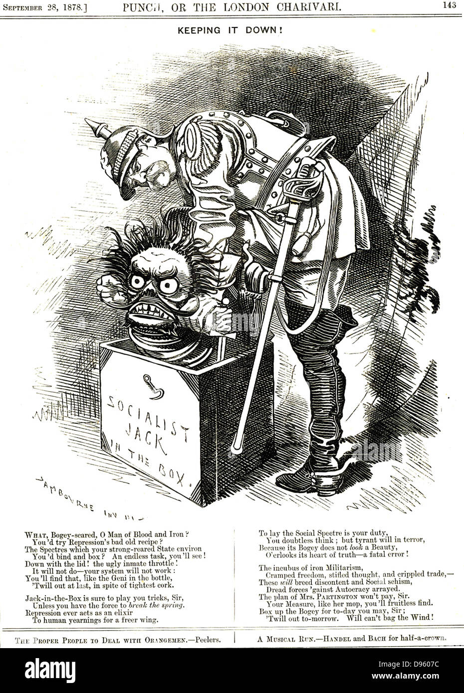 Keeping It Down!'. Otto von Bismarck (1815-1898) Germany Chancellor, trying to force the Jack of Socialism back in his box.  The captions tells him that every act of repression acts an elixir to the human wish for more freedom.  Cartoon by Edward Linley Sambourne from 'Punch', London. Stock Photo